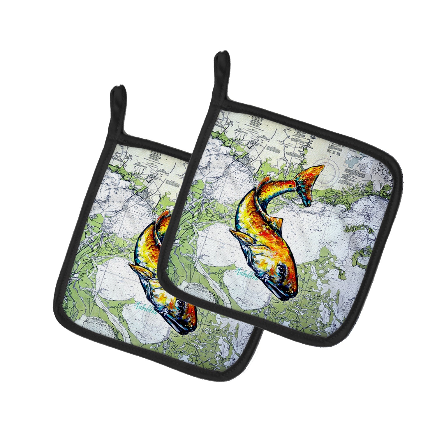Red Fish On Map Pot Holder Set of 2 Heat Resistant Quilted Hot Pads 7.5 x 7.5 Inch, Insulated Kitchen Trivets for Cooking & Baking