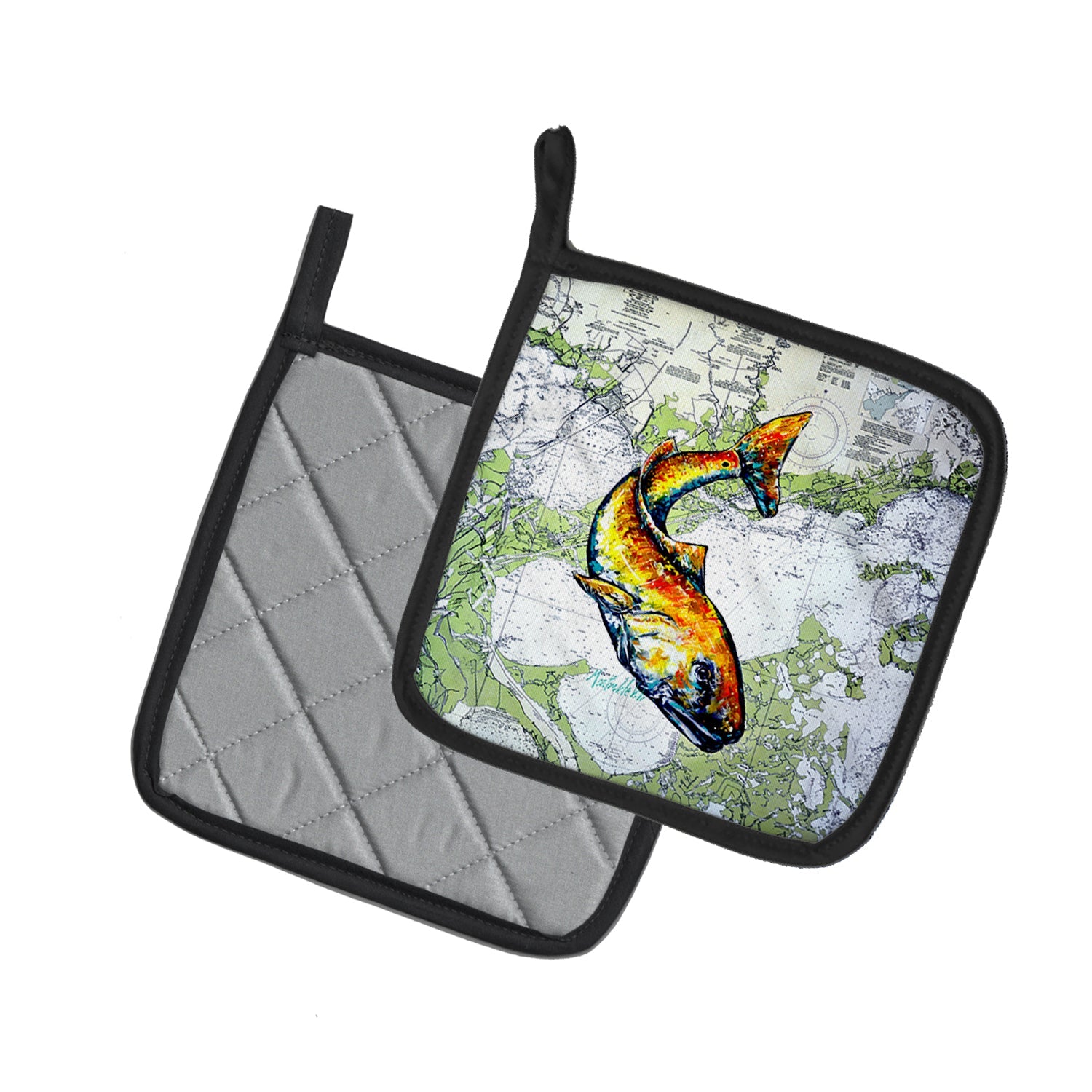 Red Fish On Map Pot Holder Set of 2 Heat Resistant Quilted Hot Pads 7.5 x 7.5 Inch, Insulated Kitchen Trivets for Cooking & Baking