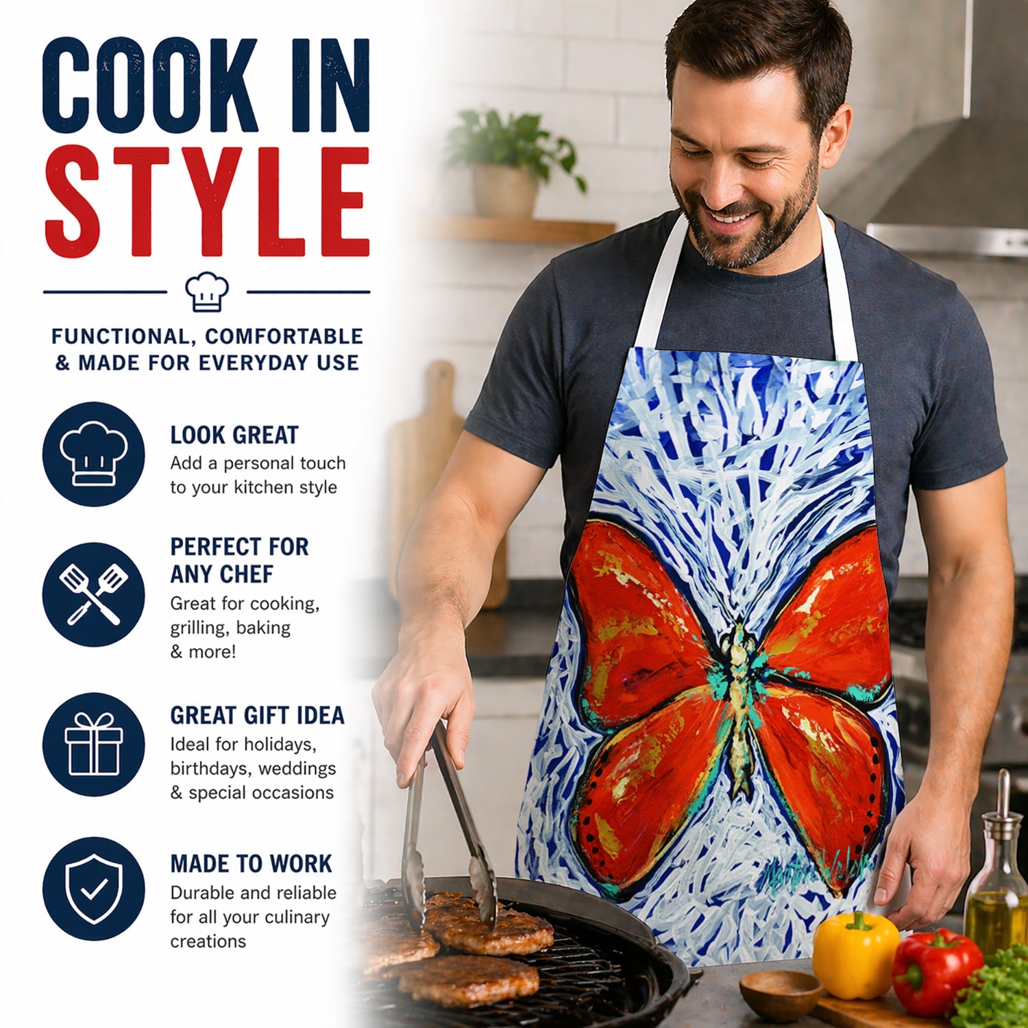 Red Glider Butterfly Apron Cooking Kitchen Server Baking Crafts Gardening for Adult Women Men, Unisex, Large, Multicolor