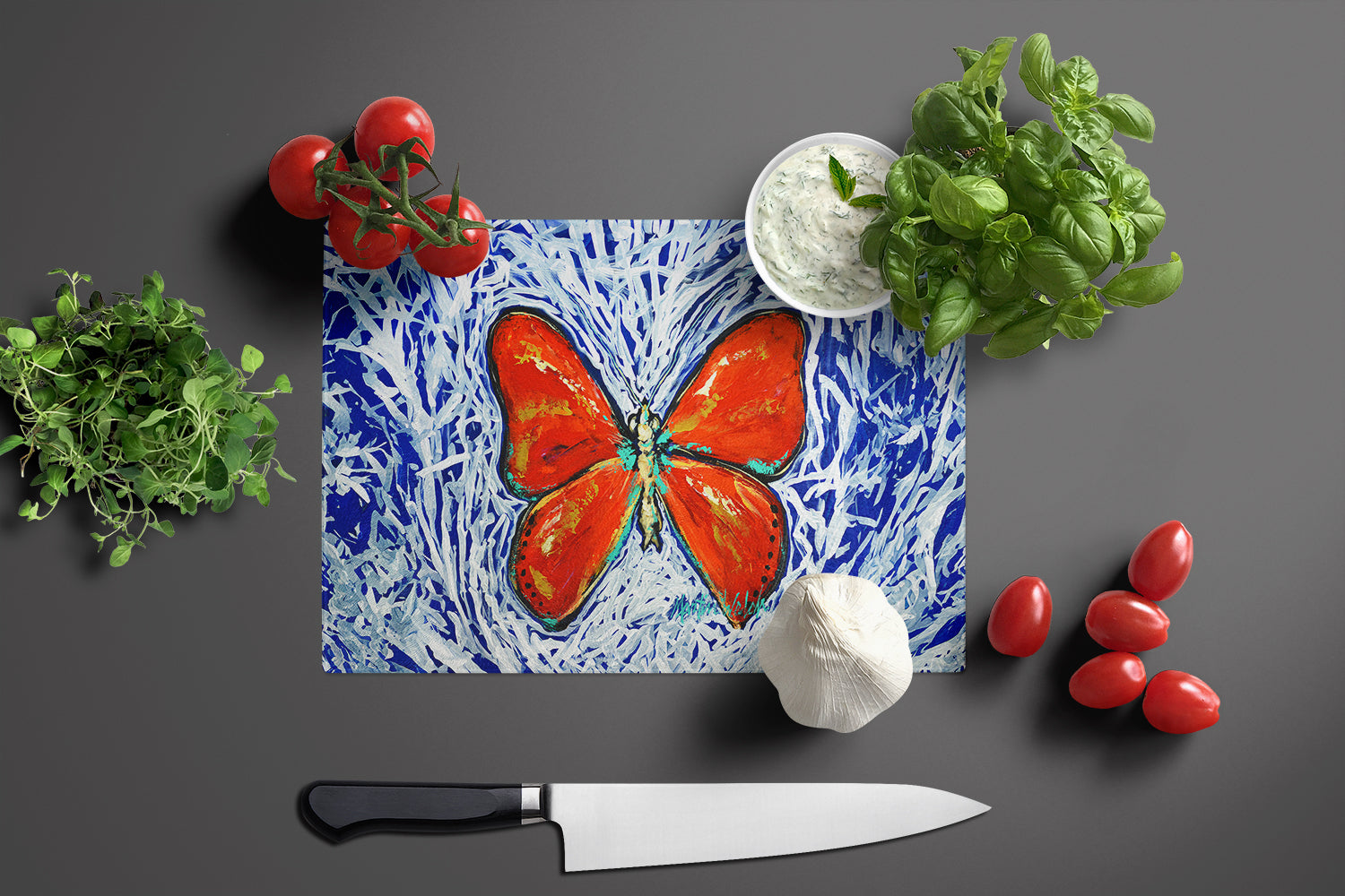 Red Glider Butterfly Cutting Board Tempered Glass Kitchen Cutting Surface, Heat Resistant Chopping, Non-Slip Feet, Food Prep & Serving