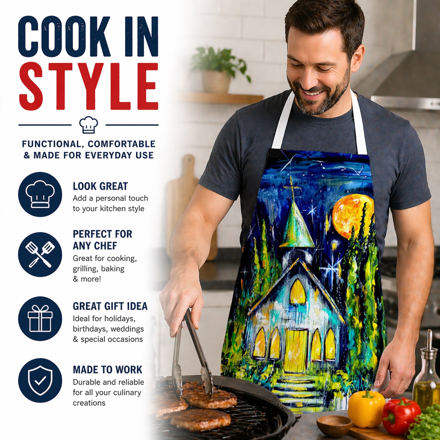 Rock of Ages Church Apron Cooking Kitchen Server Baking Crafts Gardening for Adult Women Men, Unisex, Large, Multicolor