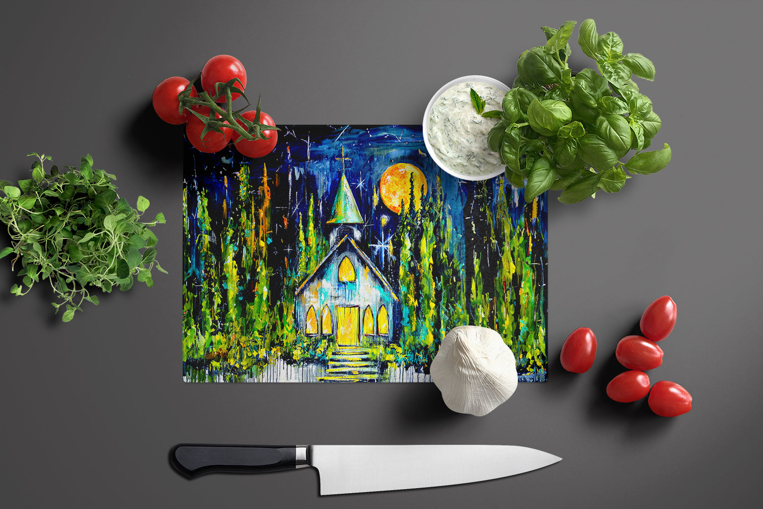 Rock of Ages Church Cutting Board Tempered Glass Kitchen Cutting Surface, Heat Resistant Chopping, Non-Slip Feet, Food Prep & Serving