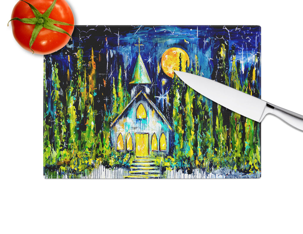 Rock of Ages Church Cutting Board Tempered Glass Kitchen Cutting Surface, Heat Resistant Chopping, Non-Slip Feet, Food Prep & Serving