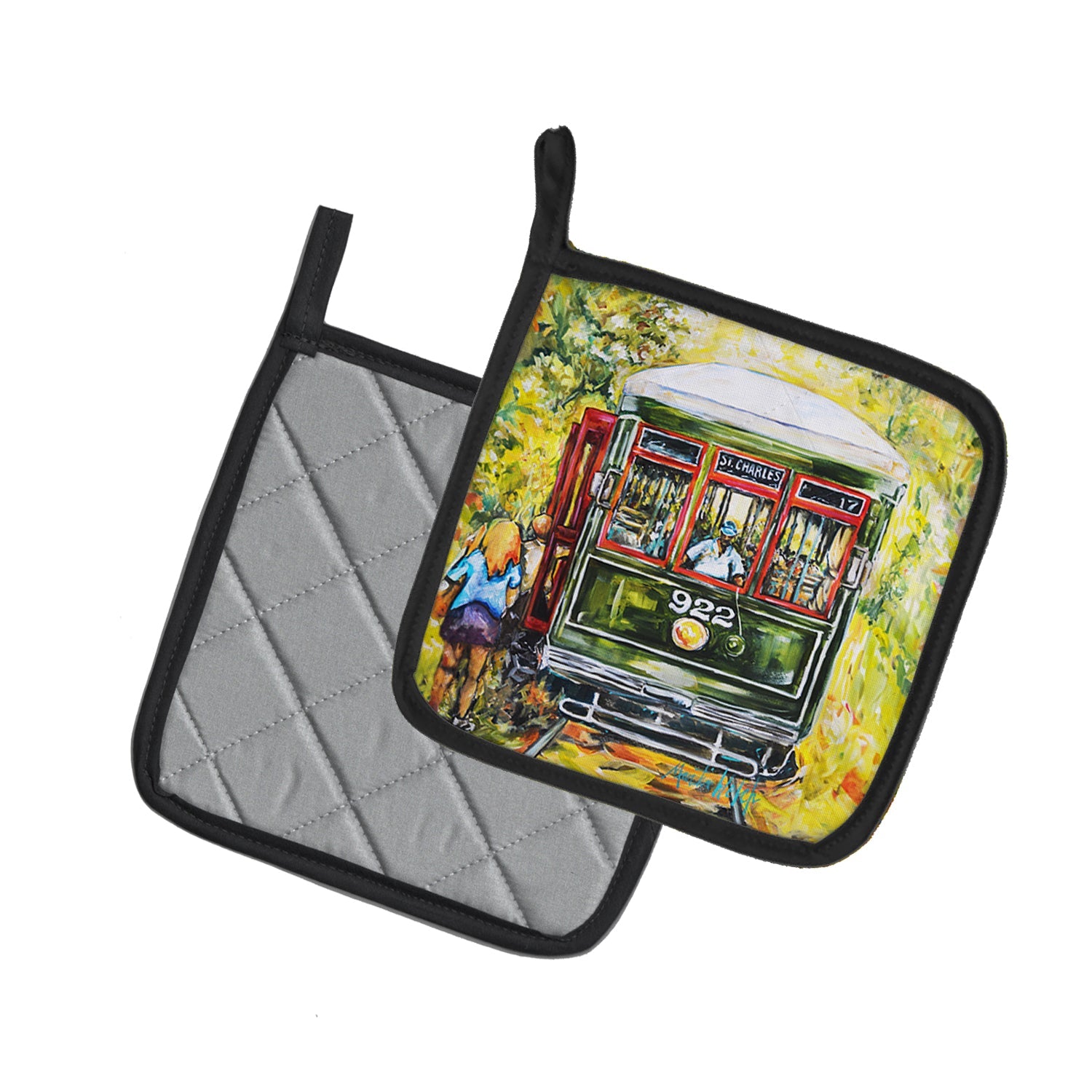 Saint Charles No. 922 Streetcar Pot Holder Set of 2 Heat Resistant Quilted Hot Pads 7.5 x 7.5 Inch, Insulated Kitchen Trivets for Cooking & Baking