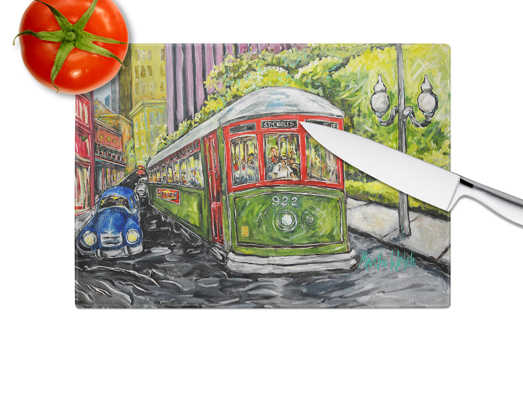 Saint Charles No. 922 Streetcar Again Cutting Board Tempered Glass Kitchen Cutting Surface, Heat Resistant Chopping, Non-Slip Feet, Food Prep & Serving