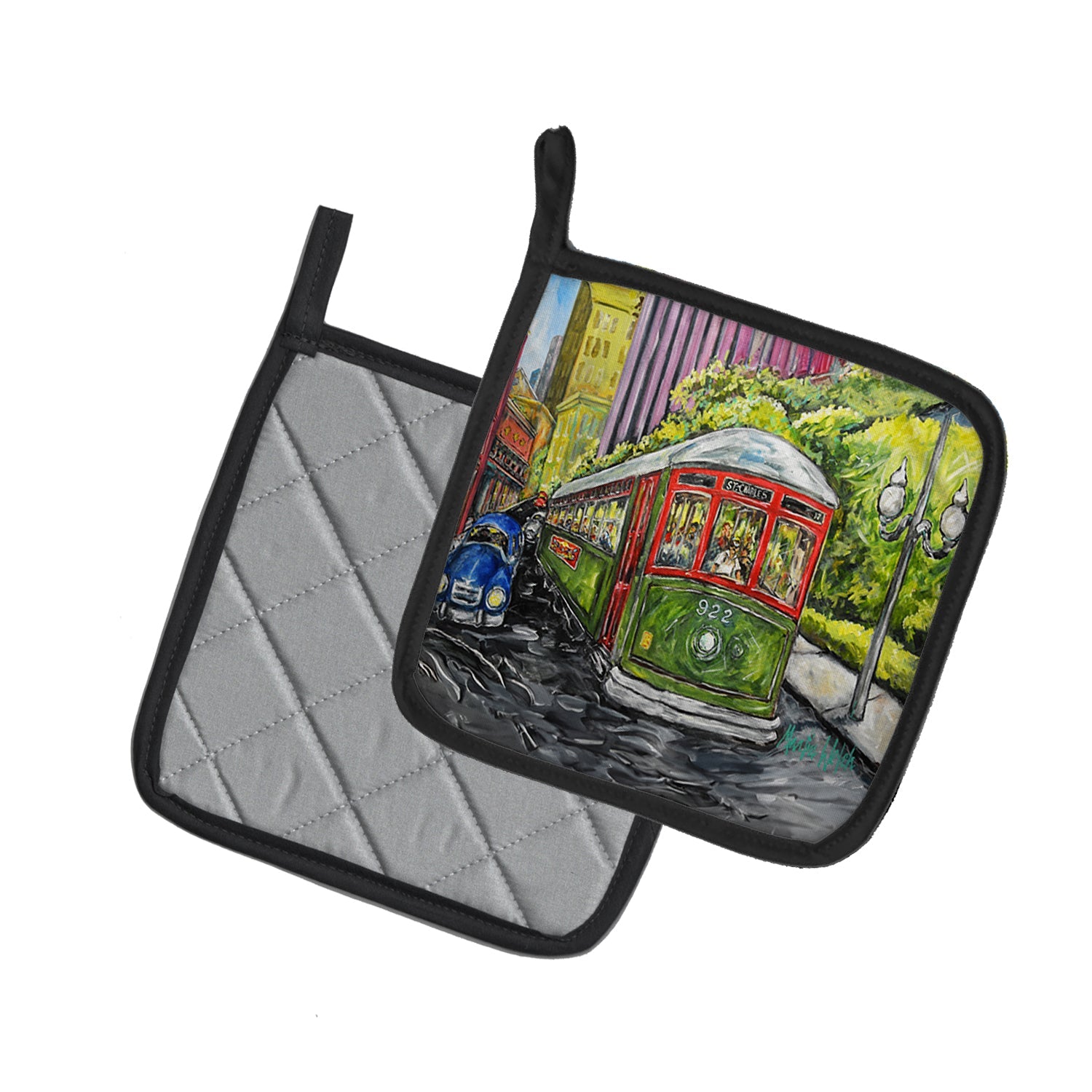 Saint Charles No. 922 Streetcar Again Pot Holder Set of 2 Heat Resistant Quilted Hot Pads 7.5 x 7.5 Inch, Insulated Kitchen Trivets for Cooking & Baking