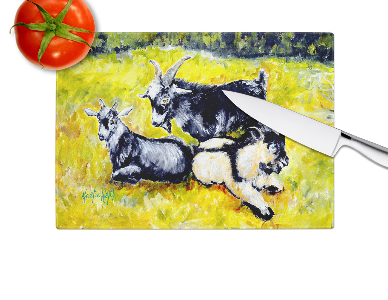 Scooter Pooter and Tooter Goats Cutting Board Tempered Glass Kitchen Cutting Surface, Heat Resistant Chopping, Non-Slip Feet, Food Prep & Serving