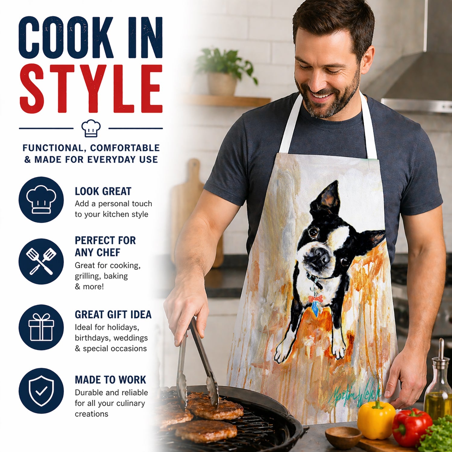 Boston Terrier Scout Apron Cooking Kitchen Server Baking Crafts Gardening for Adult Women Men, Unisex, Large, Multicolor