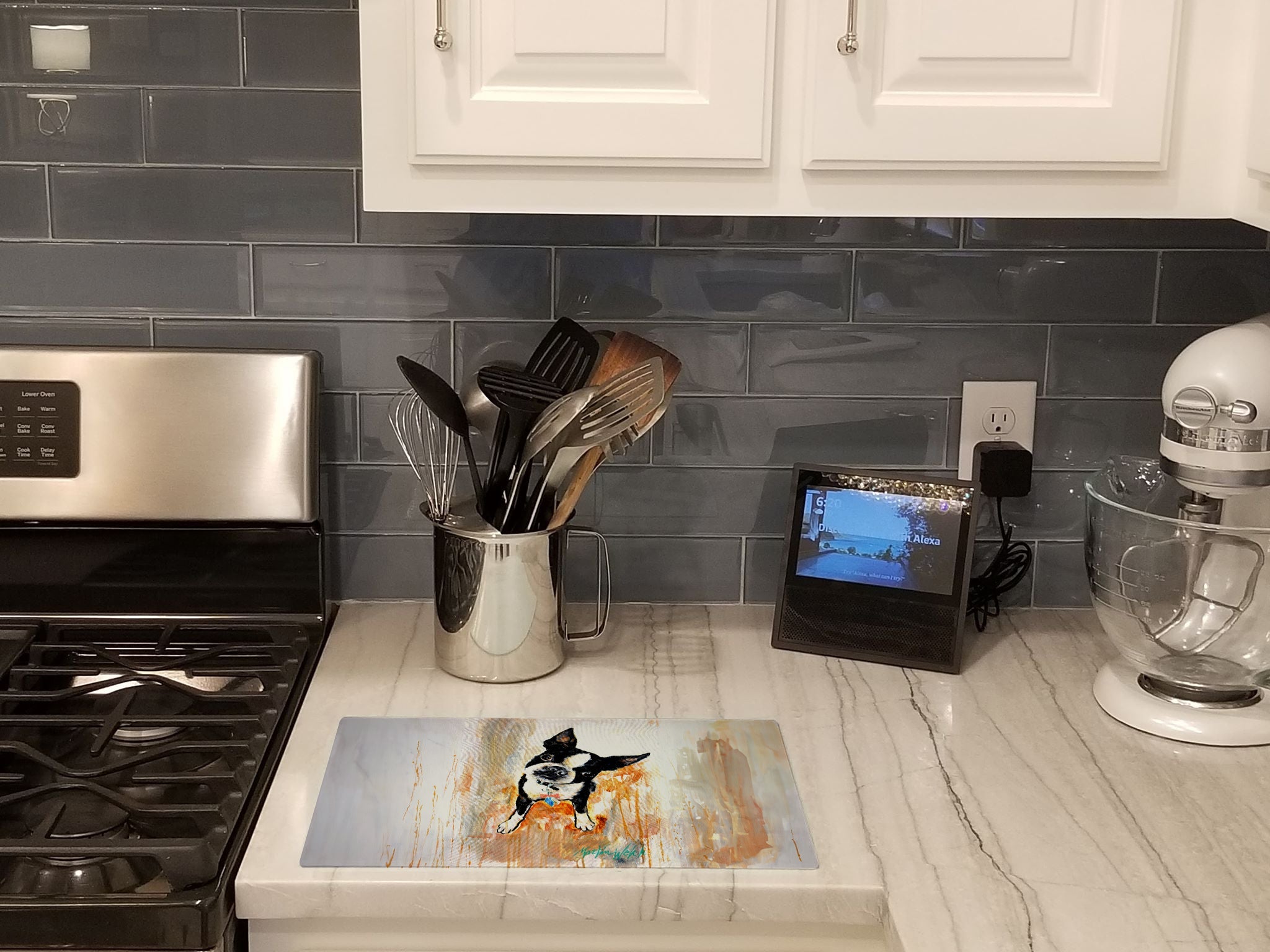 Boston Terrier Scout Cutting Board Tempered Glass Kitchen Cutting Surface, Heat Resistant Chopping, Non-Slip Feet, Food Prep & Serving