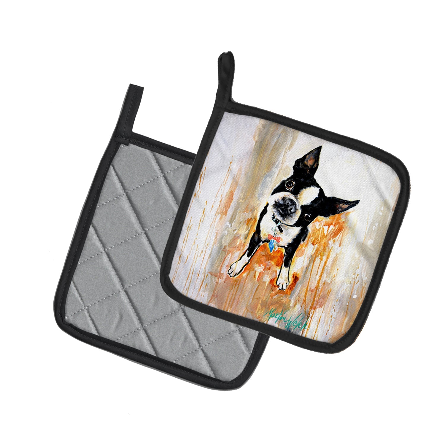 Boston Terrier Scout Pot Holder Set of 2 Heat Resistant Quilted Hot Pads 7.5 x 7.5 Inch, Insulated Kitchen Trivets for Cooking & Baking