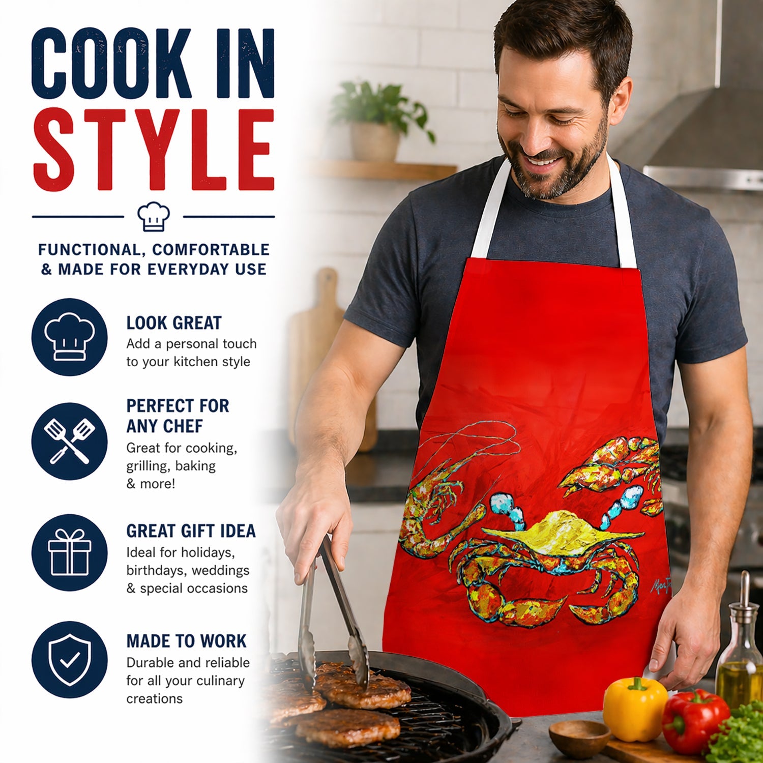Seafood Sandwich Crab Shrimp Crawfish Apron Cooking Kitchen Server Baking Crafts Gardening for Adult Women Men, Unisex, Large, Multicolor