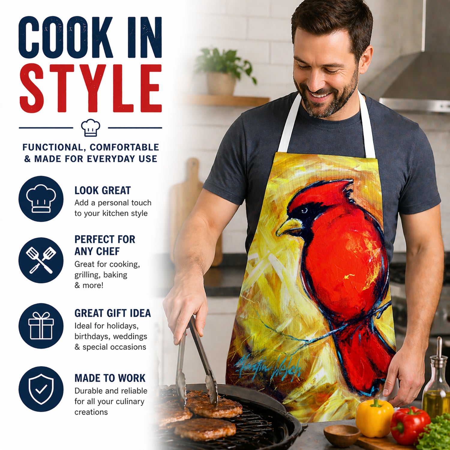 Sha Red Baba Bird Apron Cooking Kitchen Server Baking Crafts Gardening for Adult Women Men, Unisex, Large, Multicolor