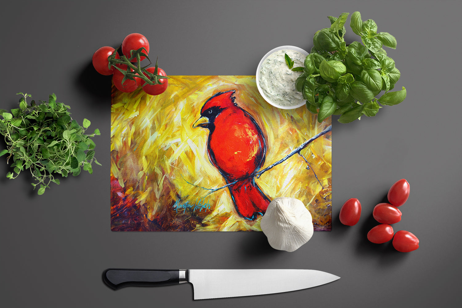Sha Red Baba Bird Cutting Board Tempered Glass Kitchen Cutting Surface, Heat Resistant Chopping, Non-Slip Feet, Food Prep & Serving