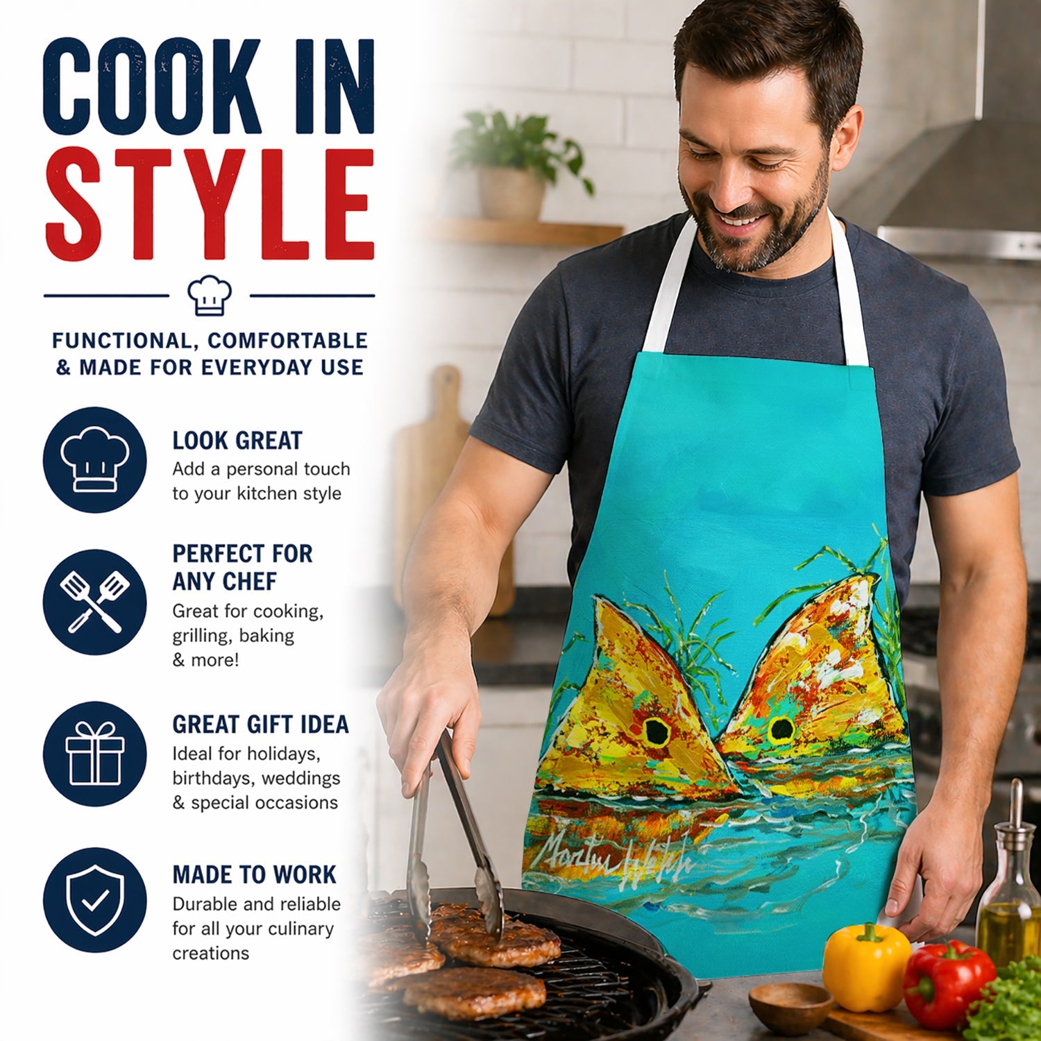 Side By Side Red Fish Apron Cooking Kitchen Server Baking Crafts Gardening for Adult Women Men, Unisex, Large, Multicolor