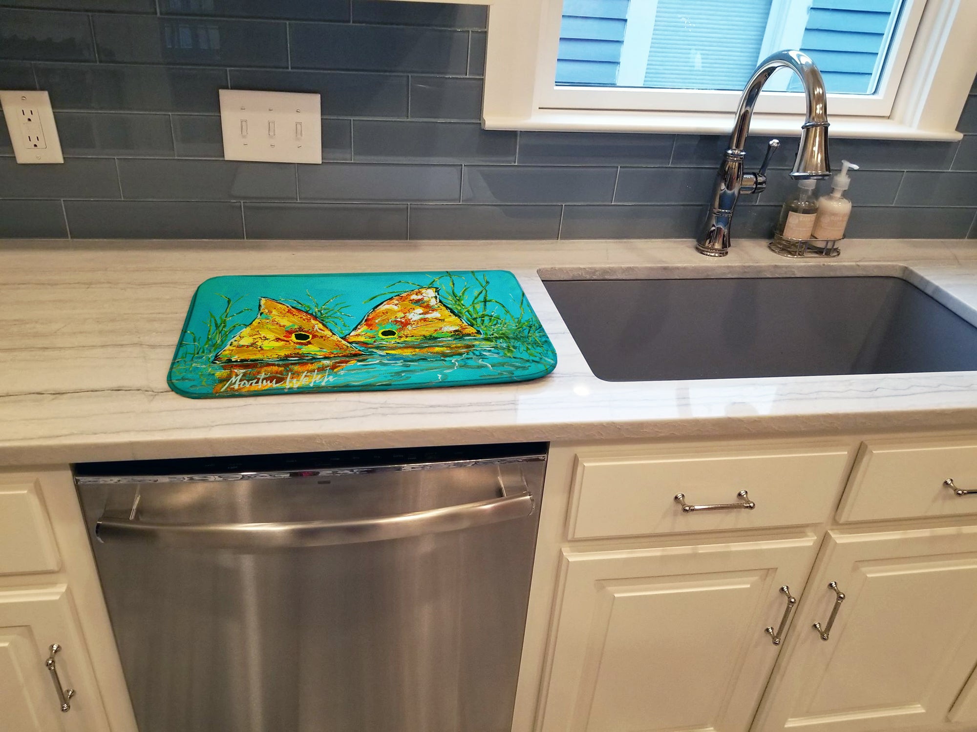 Side By Side Red Fish Dish Drying Mat Absorbent Dish Drying Mat Pad for Kitchen Counter Dish Drainer Mat for Countertop, 14 x 21", Multicolor