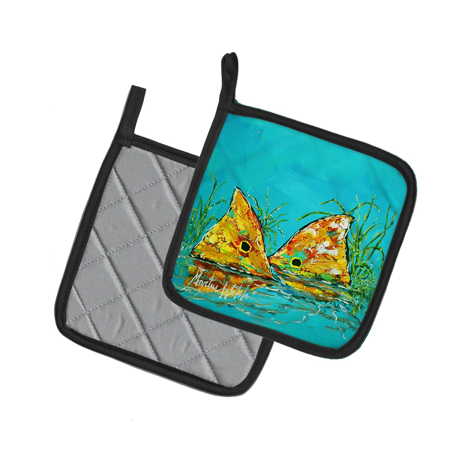 Side By Side Red Fish Pot Holder Set of 2 Heat Resistant Quilted Hot Pads 7.5 x 7.5 Inch, Insulated Kitchen Trivets for Cooking & Baking