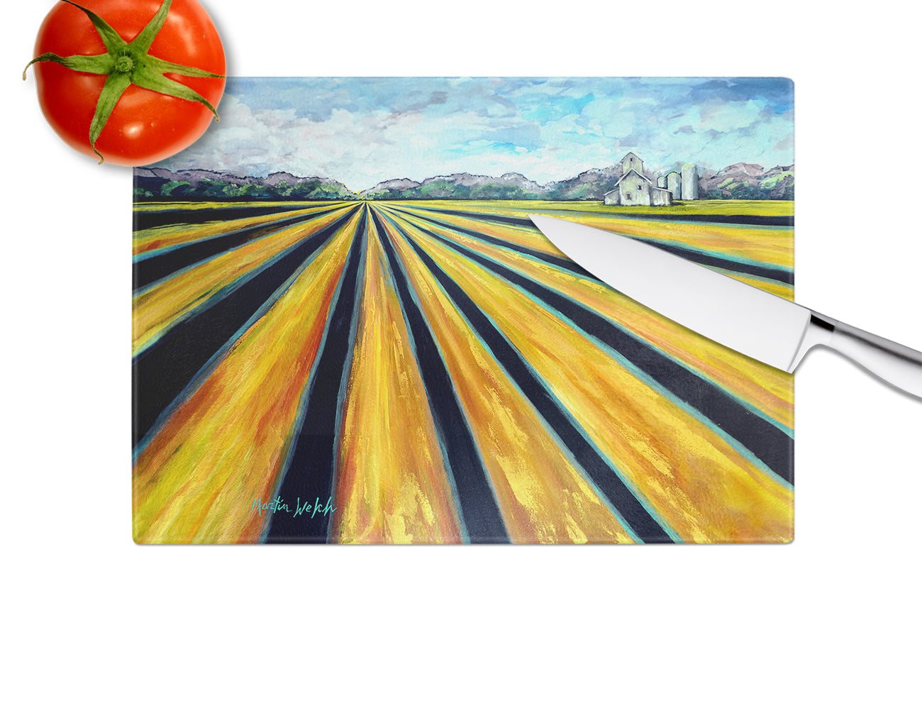 Silos Farm Land Cutting Board Tempered Glass Kitchen Cutting Surface, Heat Resistant Chopping, Non-Slip Feet, Food Prep & Serving