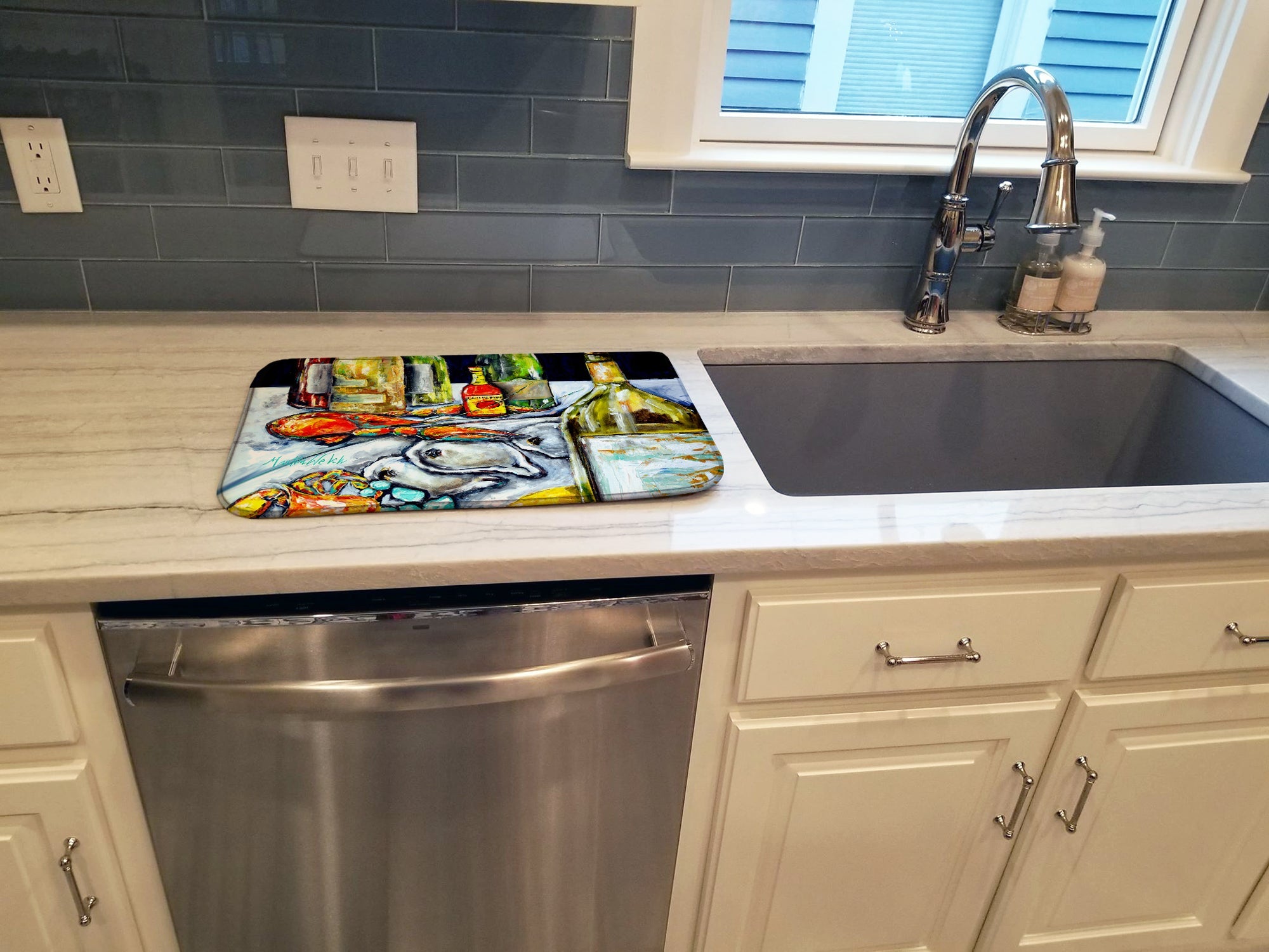 Sit A Spell Seafood Dinner Dish Drying Mat Absorbent Dish Drying Mat Pad for Kitchen Counter Dish Drainer Mat for Countertop, 14 x 21", Multicolor