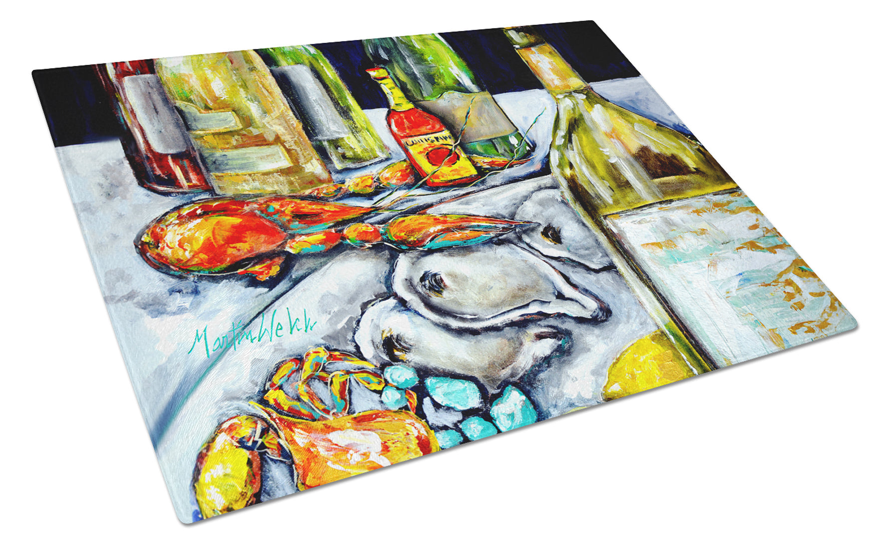 Sit A Spell Seafood Dinner Cutting Board Tempered Glass Kitchen Cutting Surface, Heat Resistant Chopping, Non-Slip Feet, Food Prep & Serving