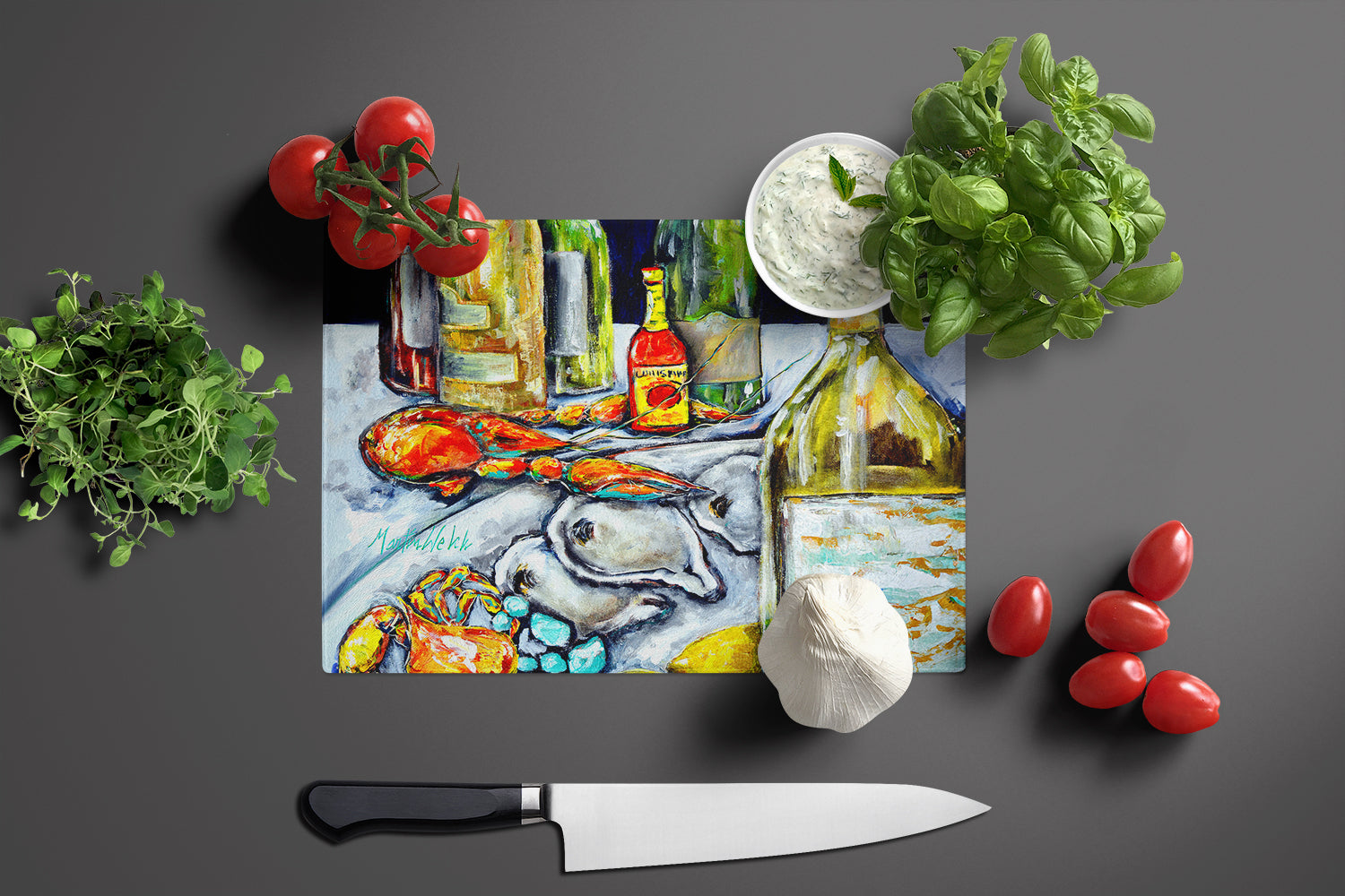 Sit A Spell Seafood Dinner Cutting Board Tempered Glass Kitchen Cutting Surface, Heat Resistant Chopping, Non-Slip Feet, Food Prep & Serving