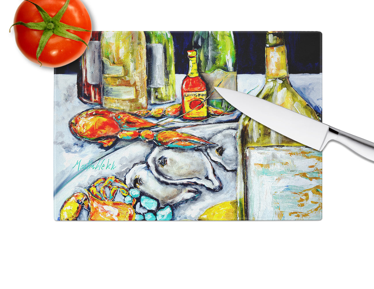 Sit A Spell Seafood Dinner Cutting Board Tempered Glass Kitchen Cutting Surface, Heat Resistant Chopping, Non-Slip Feet, Food Prep & Serving