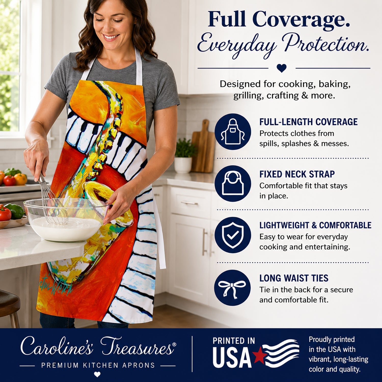 Something Blues Saxaphone and Piano Apron Cooking Kitchen Server Baking Crafts Gardening for Adult Women Men, Unisex, Large, Multicolor
