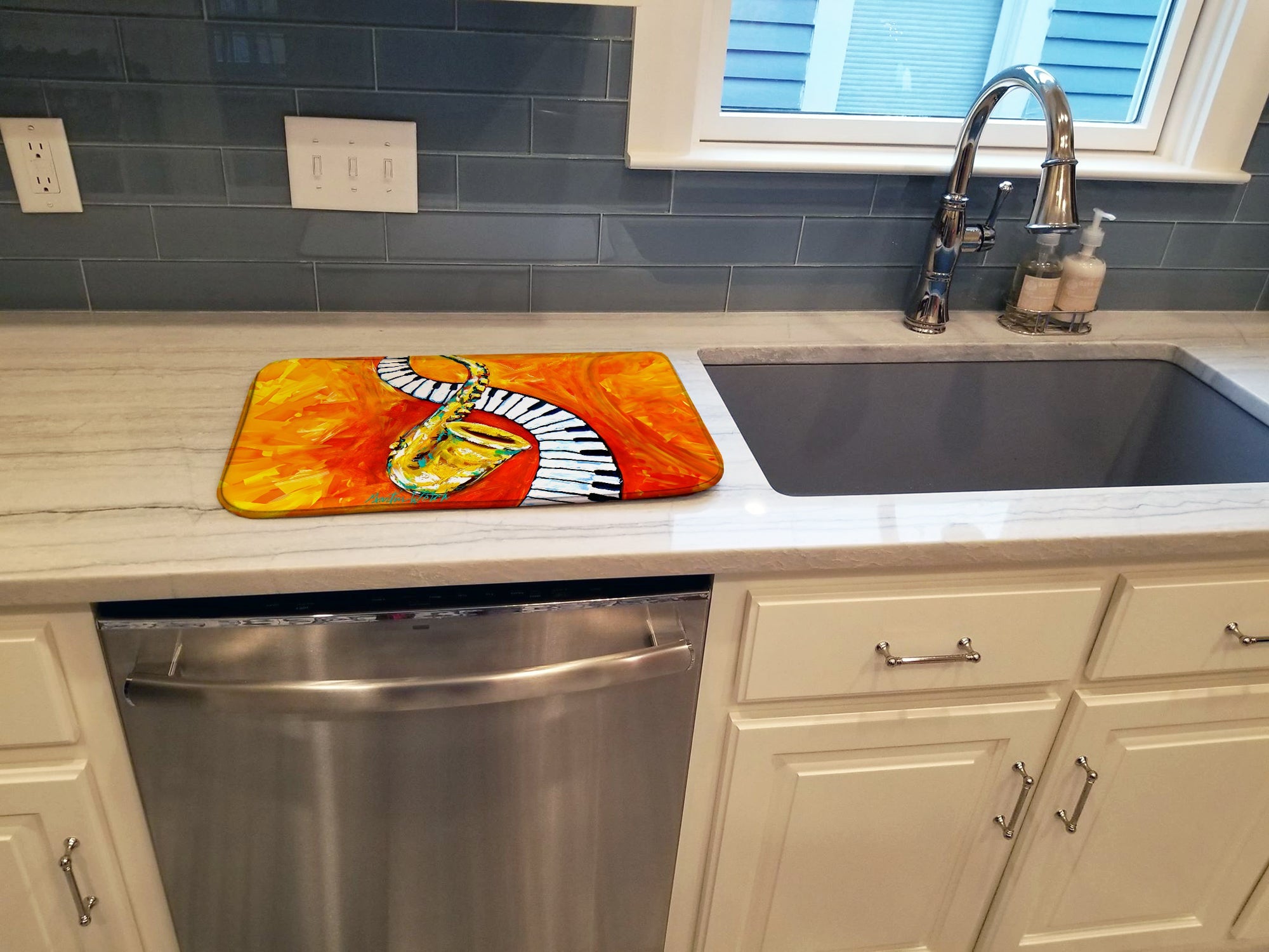 Something Blues Saxaphone and Piano Dish Drying Mat Absorbent Dish Drying Mat Pad for Kitchen Counter Dish Drainer Mat for Countertop, 14 x 21", Multicolor