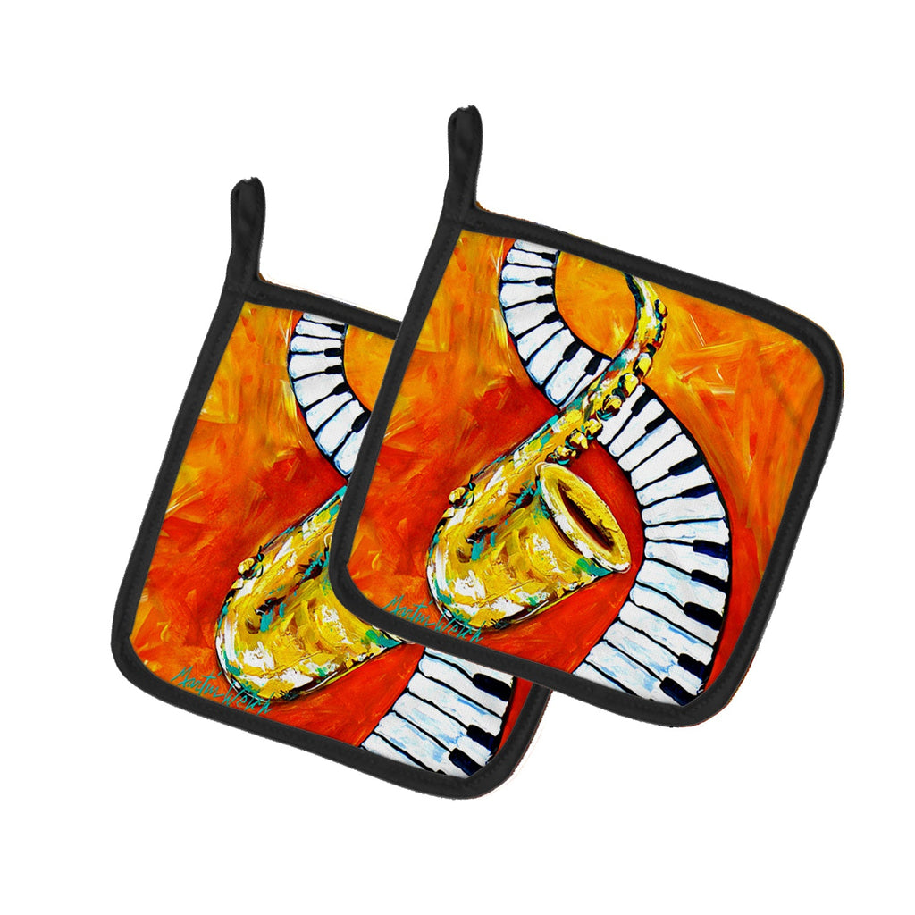 Something Blues Saxaphone and Piano Pot Holder Set of 2 Heat Resistant Quilted Hot Pads 7.5 x 7.5 Inch, Insulated Kitchen Trivets for Cooking & Baking