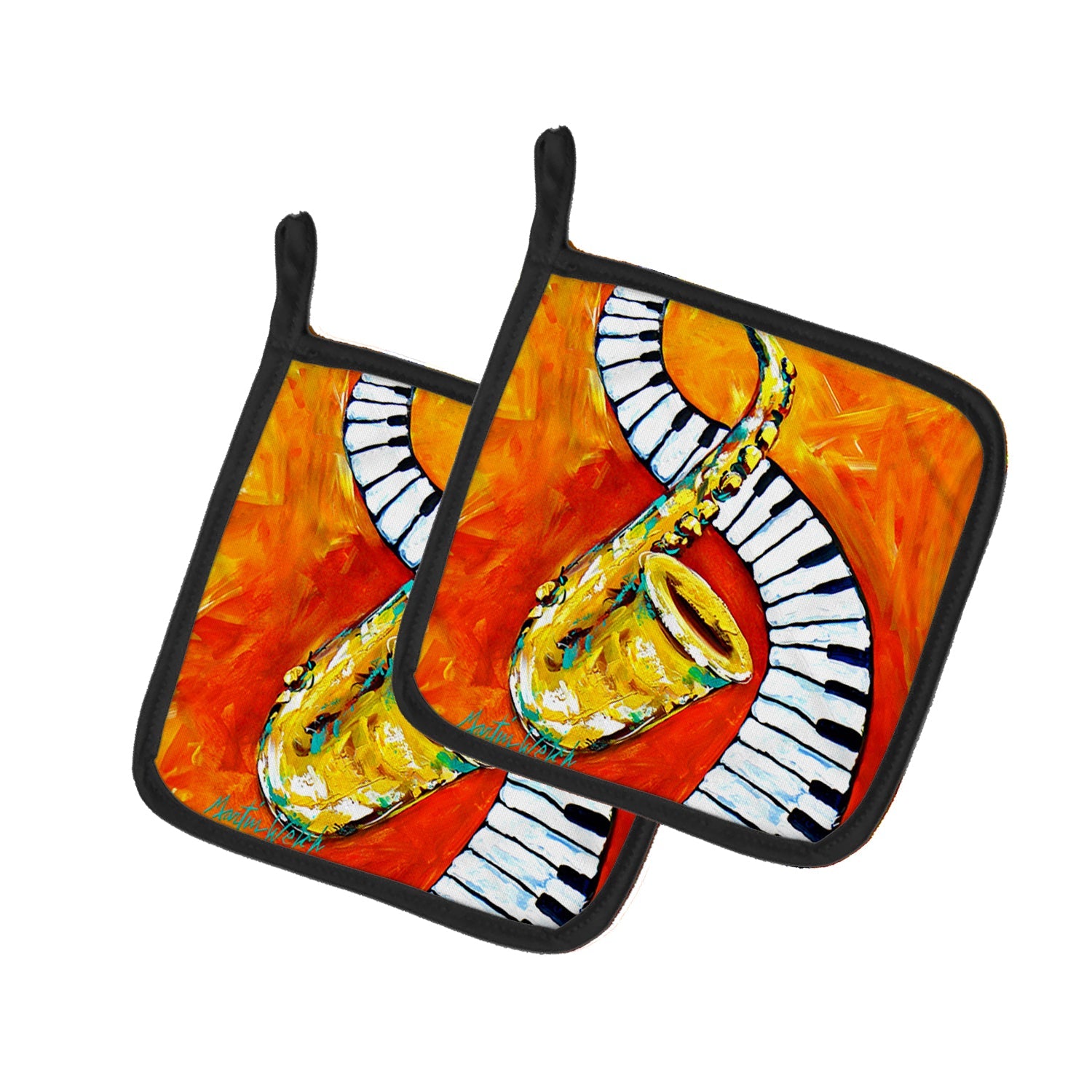 Something Blues Saxaphone and Piano Pot Holder Set of 2 Heat Resistant Quilted Hot Pads 7.5 x 7.5 Inch, Insulated Kitchen Trivets for Cooking & Baking