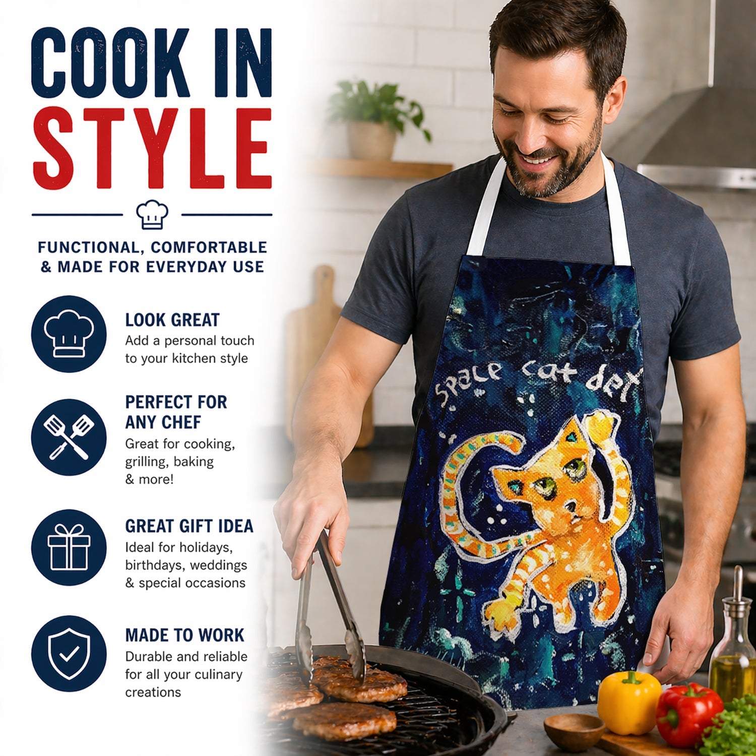Space Cat Det Cat Apron Cooking Kitchen Server Baking Crafts Gardening for Adult Women Men, Unisex, Large, Multicolor