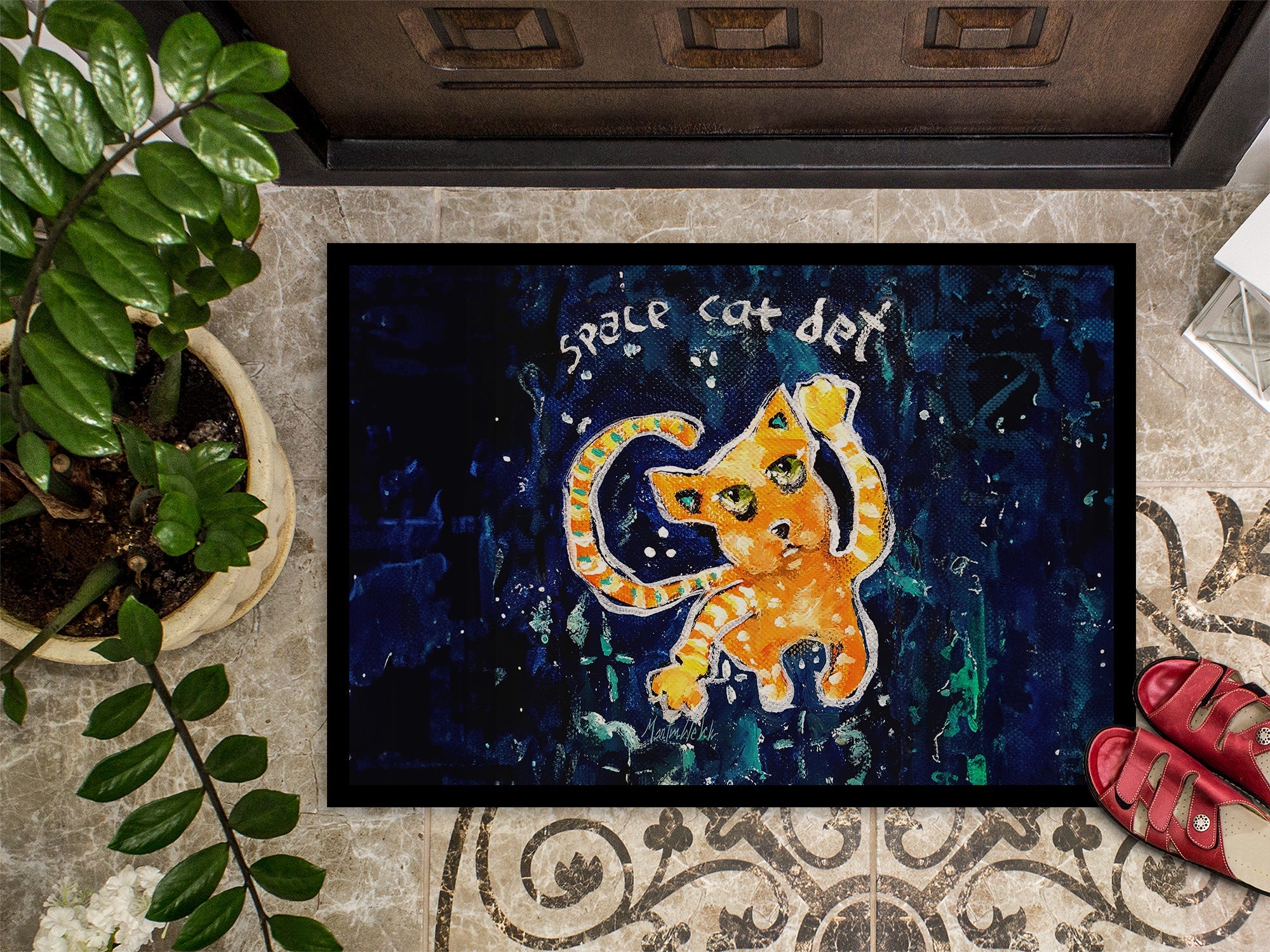Space Cat Det Cat Doormat Indoor Outdoor 24H X 36W Front Door Mat Rugs for Entryway, Non Slip Washable Low Pile,