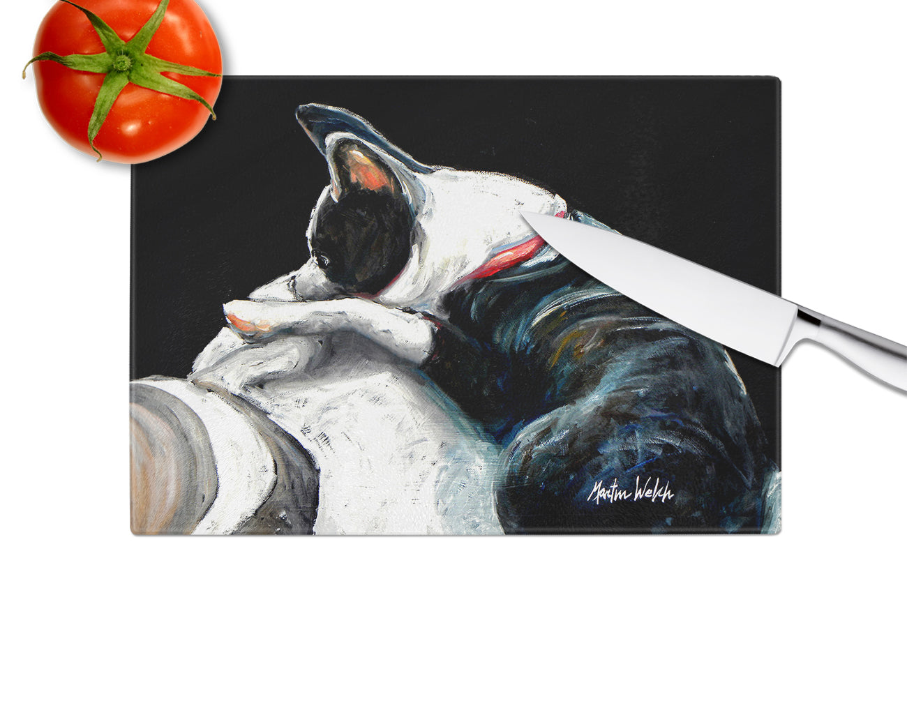 Boston Terrier Spot In The Sun Cutting Board Tempered Glass Kitchen Cutting Surface, Heat Resistant Chopping, Non-Slip Feet, Food Prep & Serving