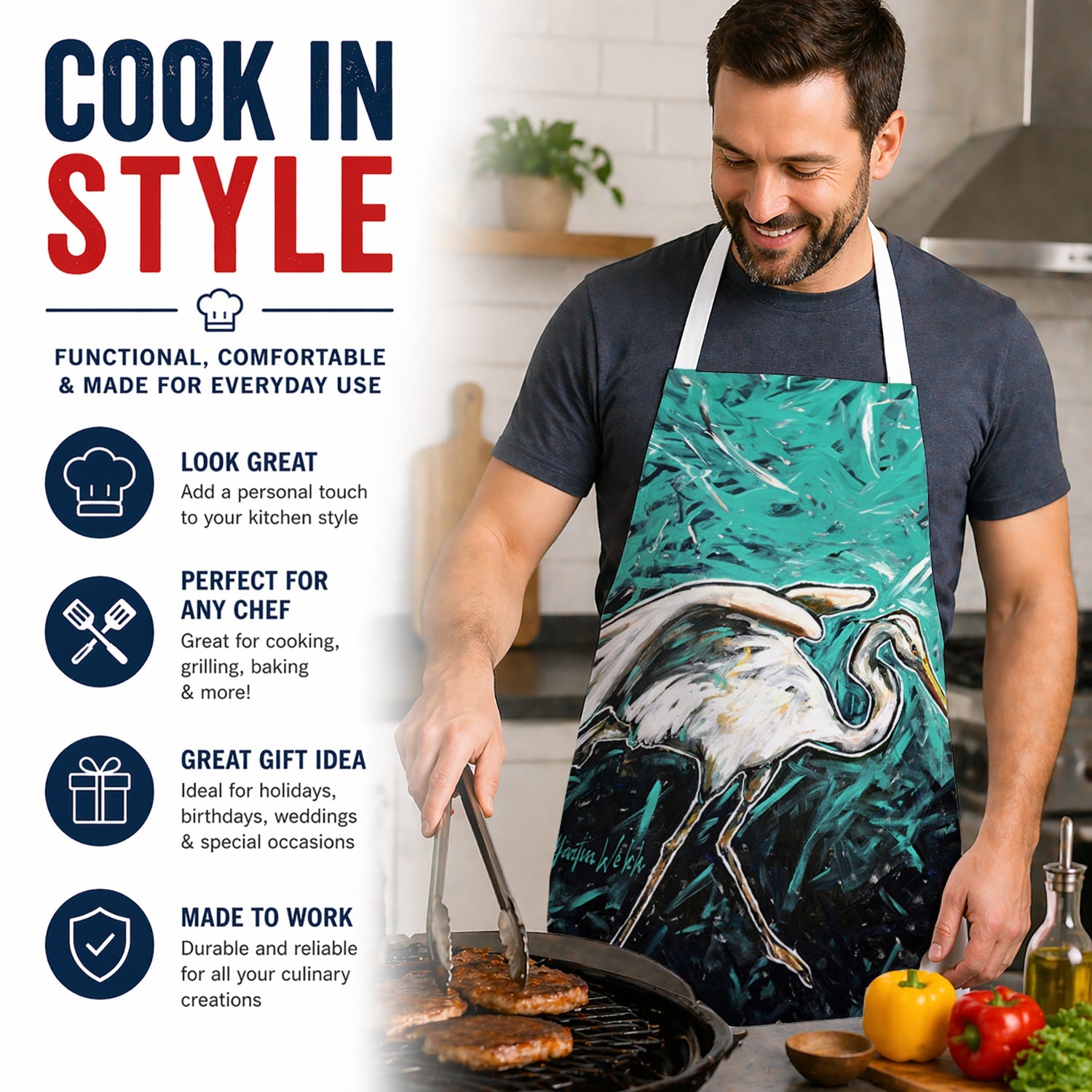 Heron Stretch Apron Cooking Kitchen Server Baking Crafts Gardening for Adult Women Men, Unisex, Large, Multicolor