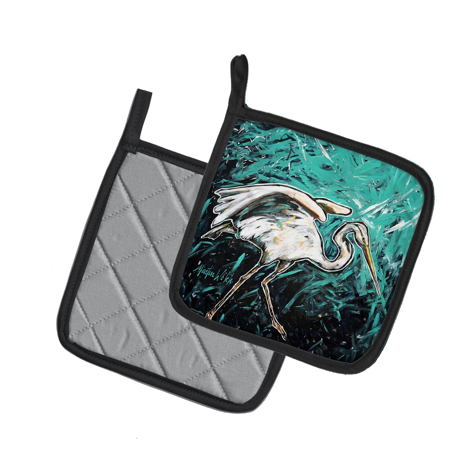Heron Stretch Pot Holder Set of 2 Heat Resistant Quilted Hot Pads 7.5 x 7.5 Inch, Insulated Kitchen Trivets for Cooking & Baking