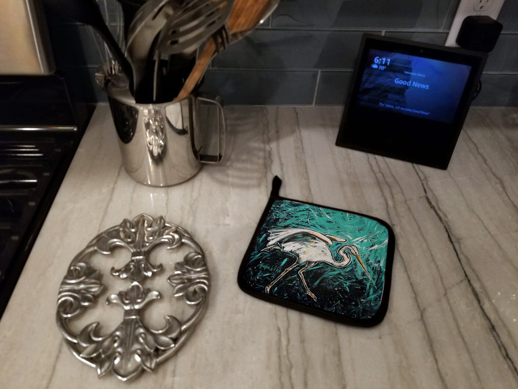 Heron Stretch Pot Holder Set of 2 Heat Resistant Quilted Hot Pads 7.5 x 7.5 Inch, Insulated Kitchen Trivets for Cooking & Baking