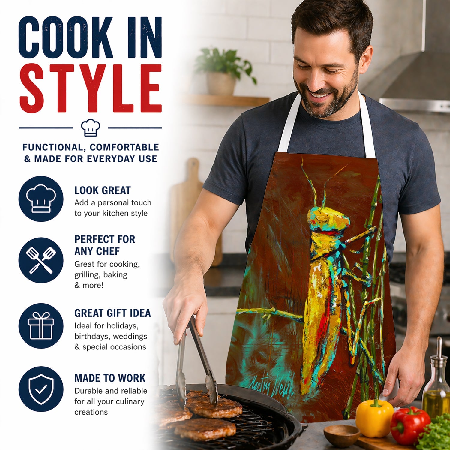 Stuck on Boo Grasshopper Apron Cooking Kitchen Server Baking Crafts Gardening for Adult Women Men, Unisex, Large, Multicolor