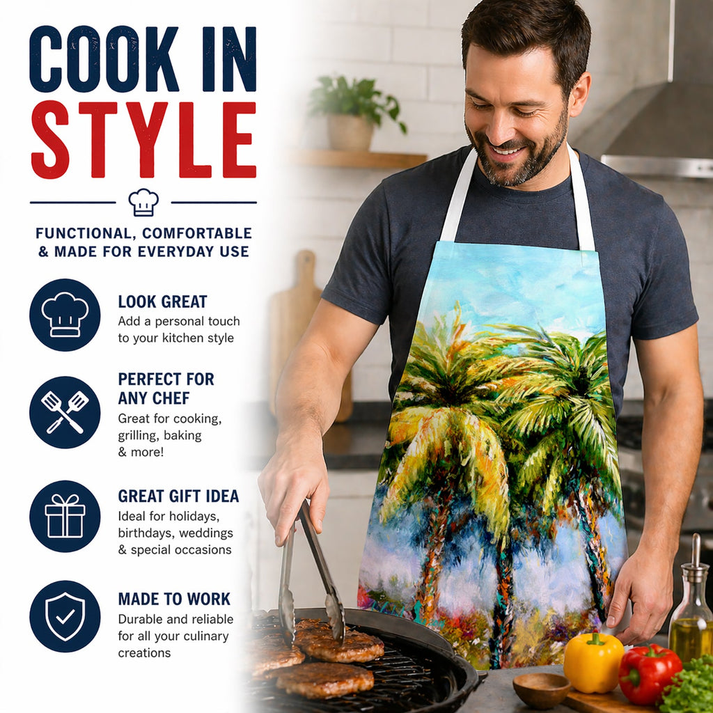 Summer Breezes Palm Tree Apron Cooking Kitchen Server Baking Crafts Gardening for Adult Women Men, Unisex, Large, Multicolor