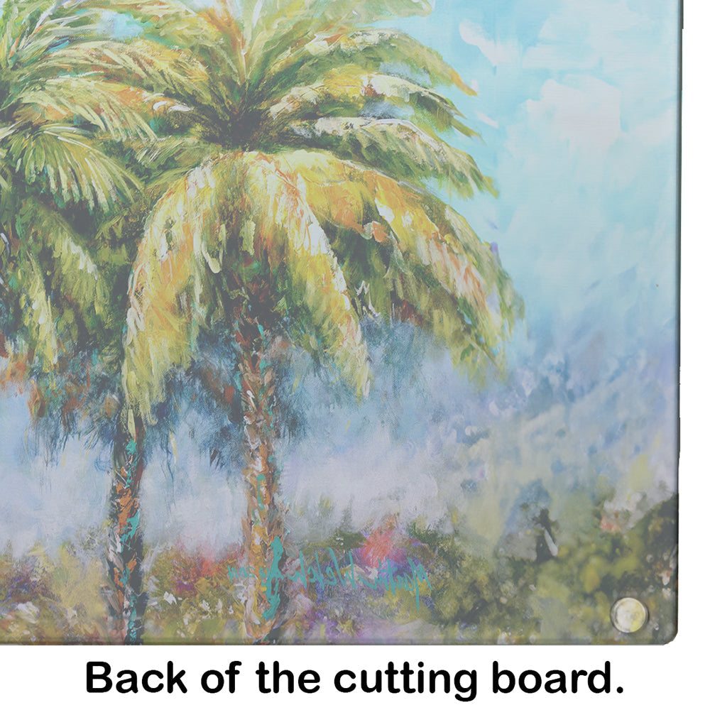 Summer Breezes Palm Tree Cutting Board Tempered Glass Kitchen Cutting Surface, Heat Resistant Chopping, Non-Slip Feet, Food Prep & Serving