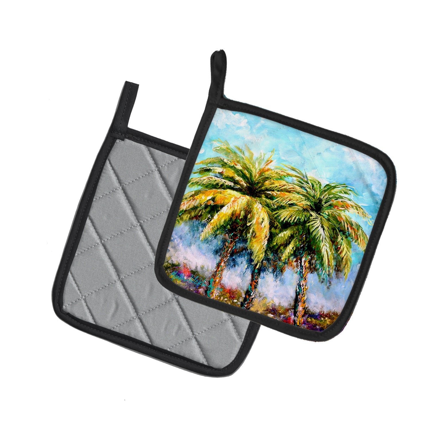 Summer Breezes Palm Tree Pot Holder Set of 2 Heat Resistant Quilted Hot Pads 7.5 x 7.5 Inch, Insulated Kitchen Trivets for Cooking & Baking