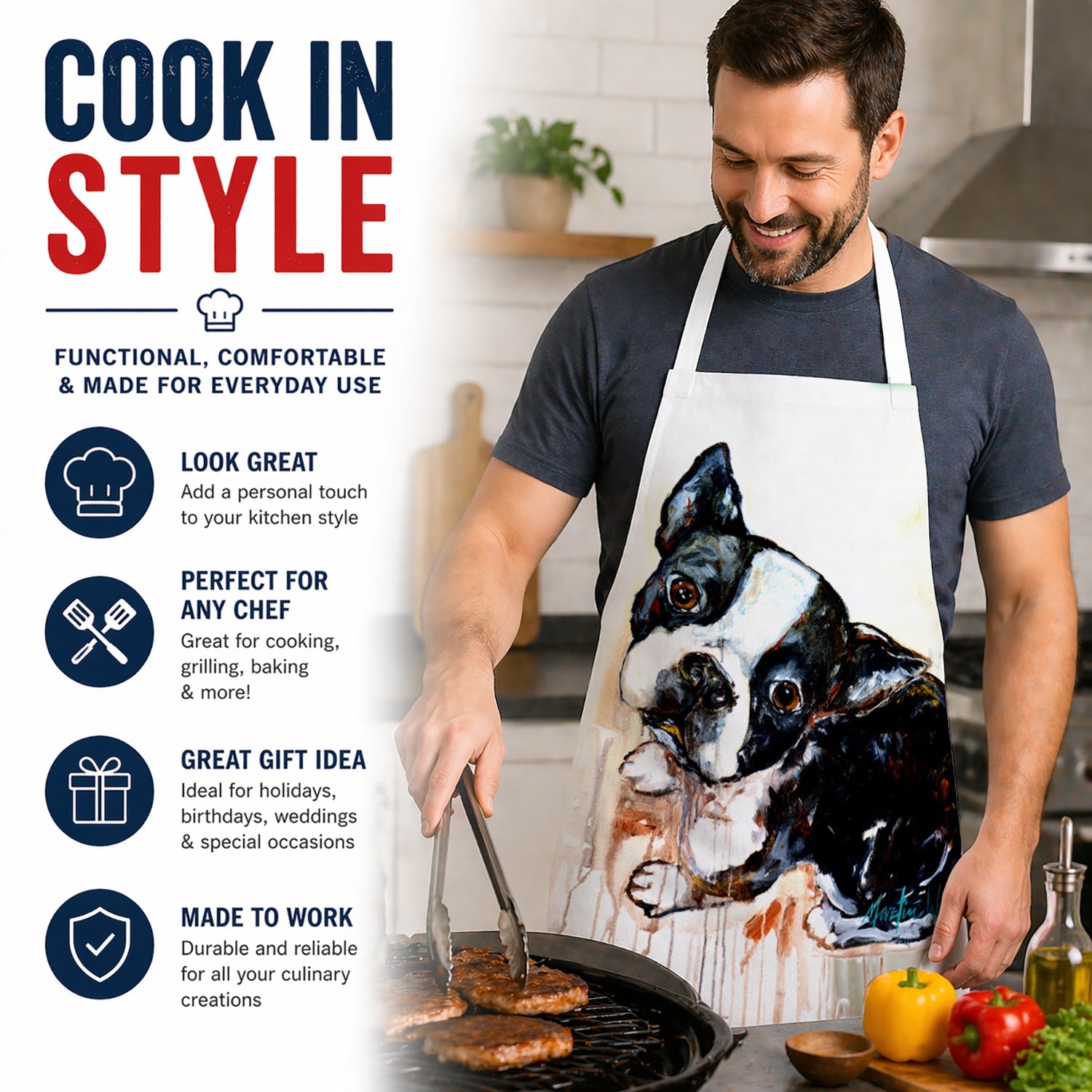 Boston Terrier The Look Apron Cooking Kitchen Server Baking Crafts Gardening for Adult Women Men, Unisex, Large, Multicolor