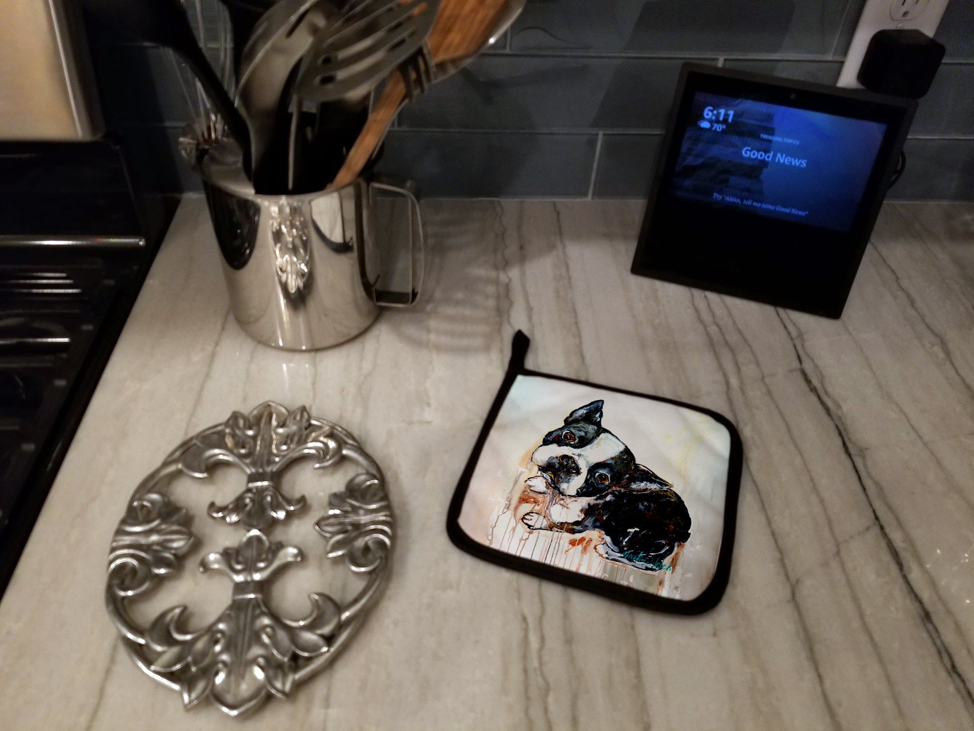 Boston Terrier The Look Pot Holder Set of 2 Heat Resistant Quilted Hot Pads 7.5 x 7.5 Inch, Insulated Kitchen Trivets for Cooking & Baking