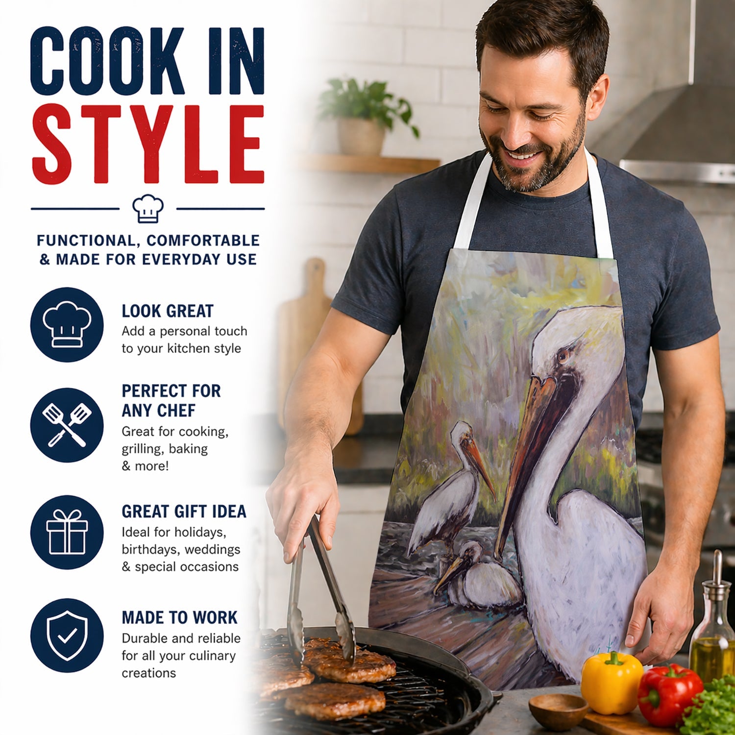 Three Pelicans on a Pier Apron Cooking Kitchen Server Baking Crafts Gardening for Adult Women Men, Unisex, Large, Multicolor