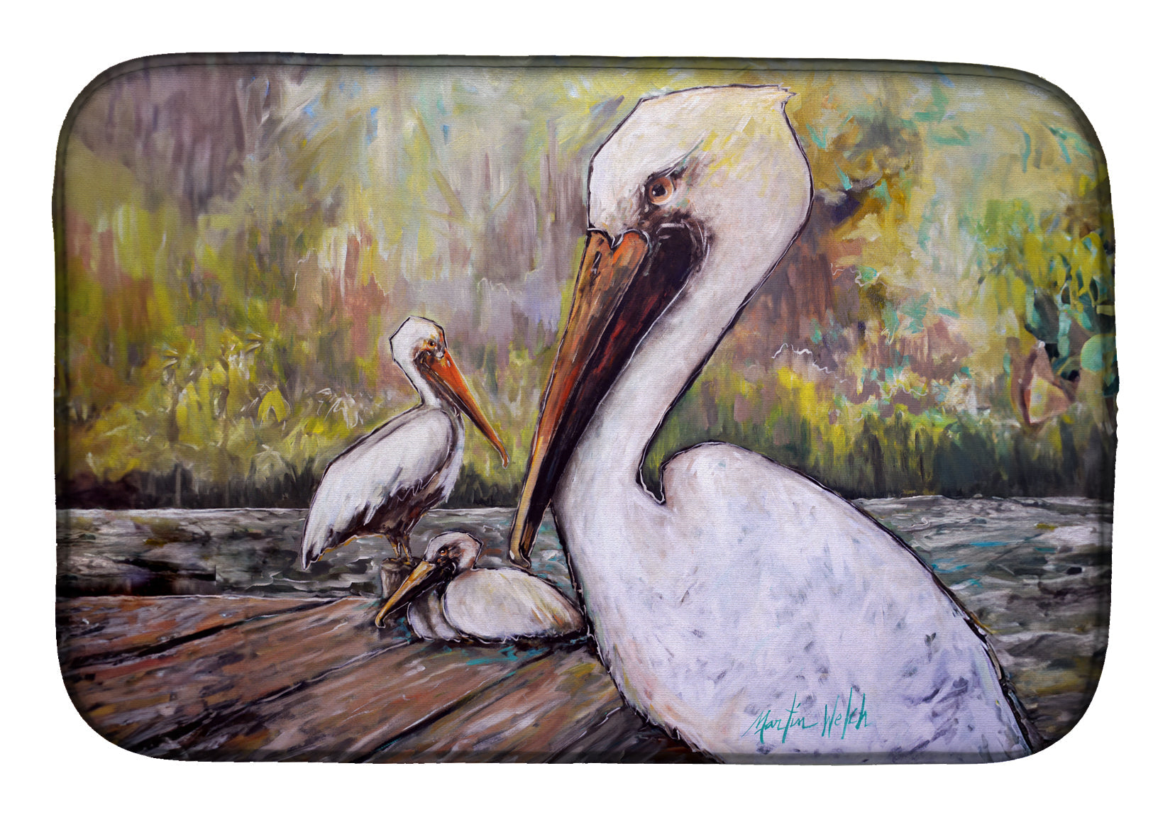 Three Pelicans on a Pier Dish Drying Mat Absorbent Dish Drying Mat Pad for Kitchen Counter Dish Drainer Mat for Countertop, 14 x 21", Multicolor