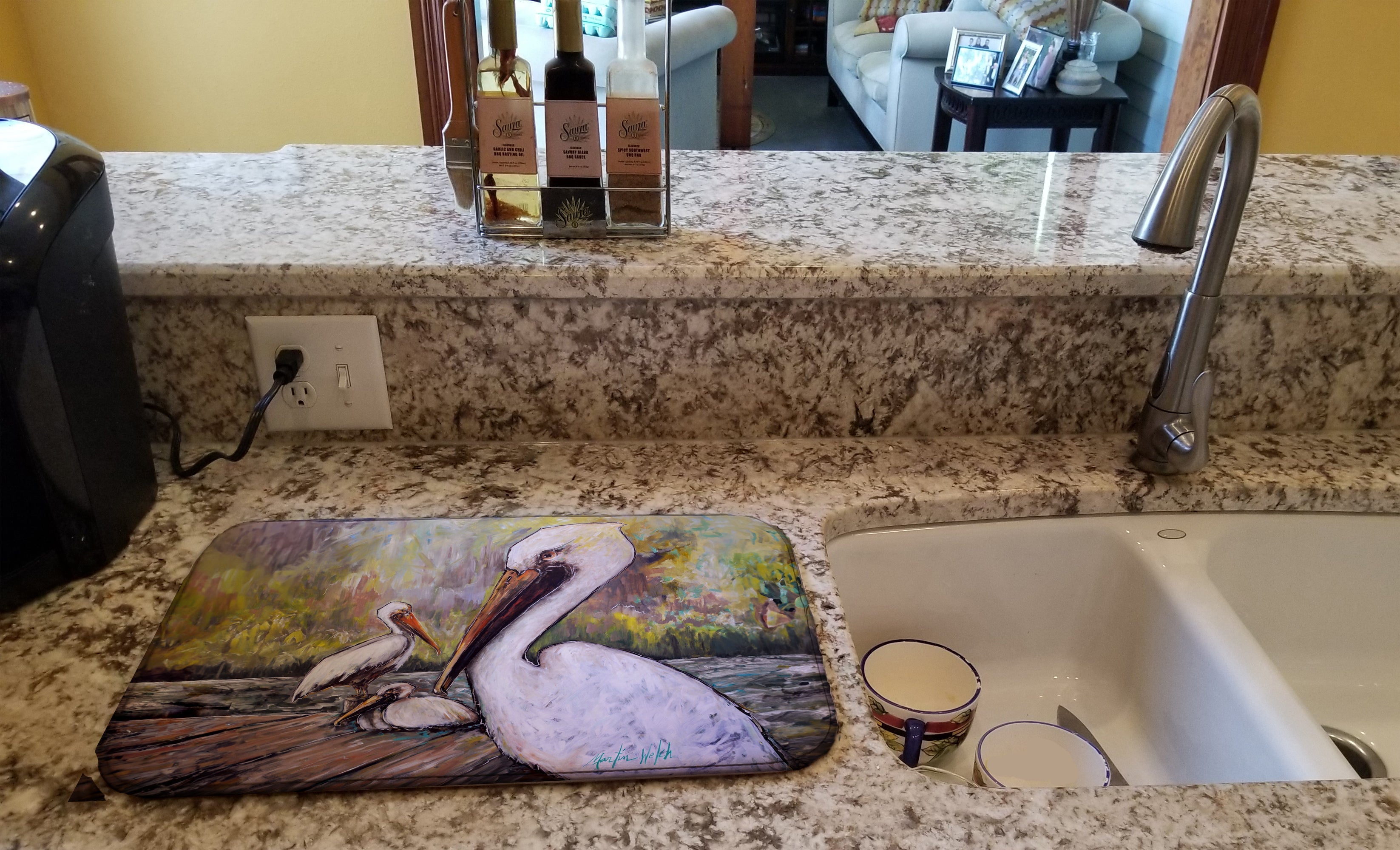 Three Pelicans on a Pier Dish Drying Mat Absorbent Dish Drying Mat Pad for Kitchen Counter Dish Drainer Mat for Countertop, 14 x 21", Multicolor