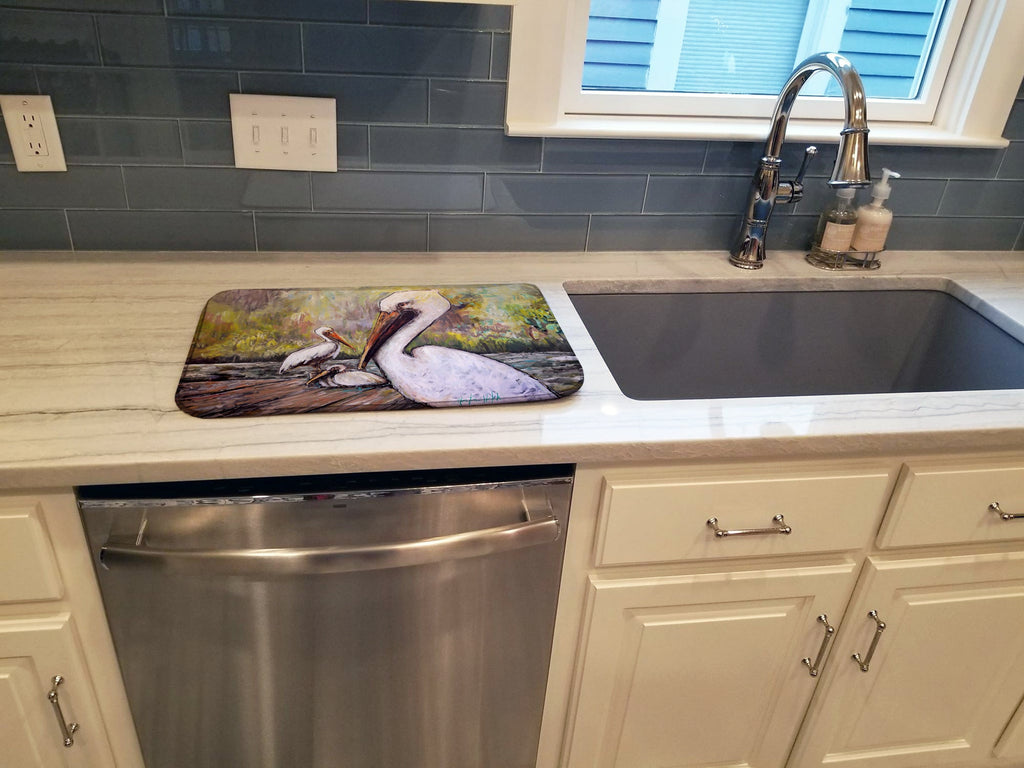 Three Pelicans on a Pier Dish Drying Mat Absorbent Dish Drying Mat Pad for Kitchen Counter Dish Drainer Mat for Countertop, 14 x 21", Multicolor