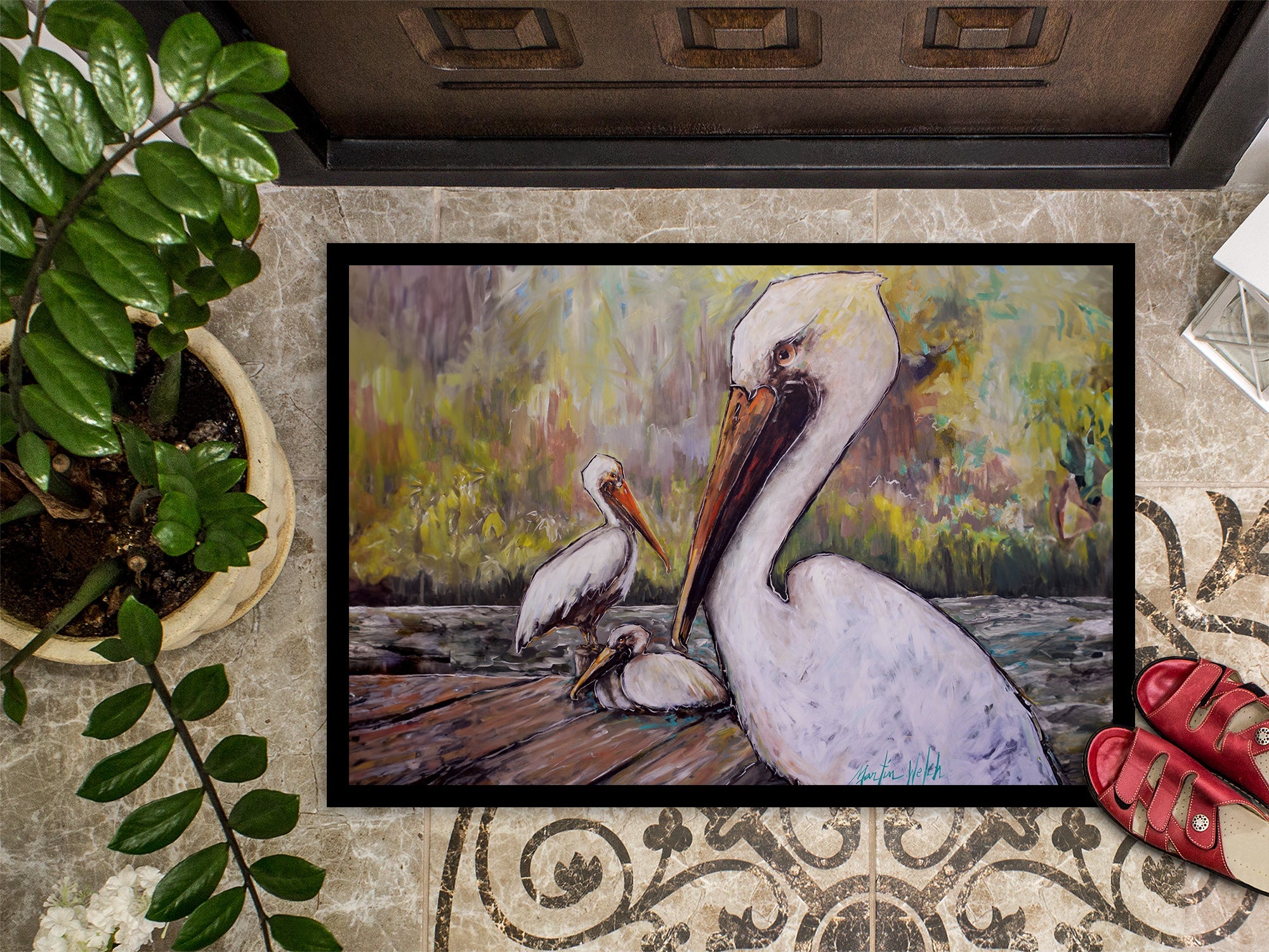 Three Pelicans on a Pier Doormat Indoor Outdoor 24H X 36W Front Door Mat Rugs for Entryway, Non Slip Washable Low Pile,