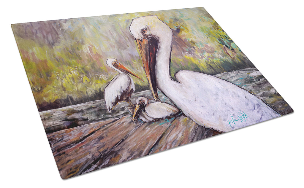 Three Pelicans on a Pier Cutting Board Tempered Glass Kitchen Cutting Surface, Heat Resistant Chopping, Non-Slip Feet, Food Prep & Serving