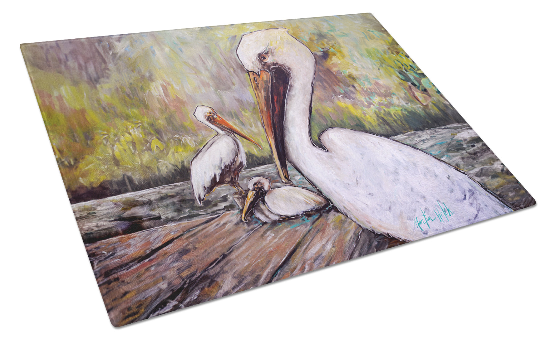Three Pelicans on a Pier Cutting Board Tempered Glass Kitchen Cutting Surface, Heat Resistant Chopping, Non-Slip Feet, Food Prep & Serving