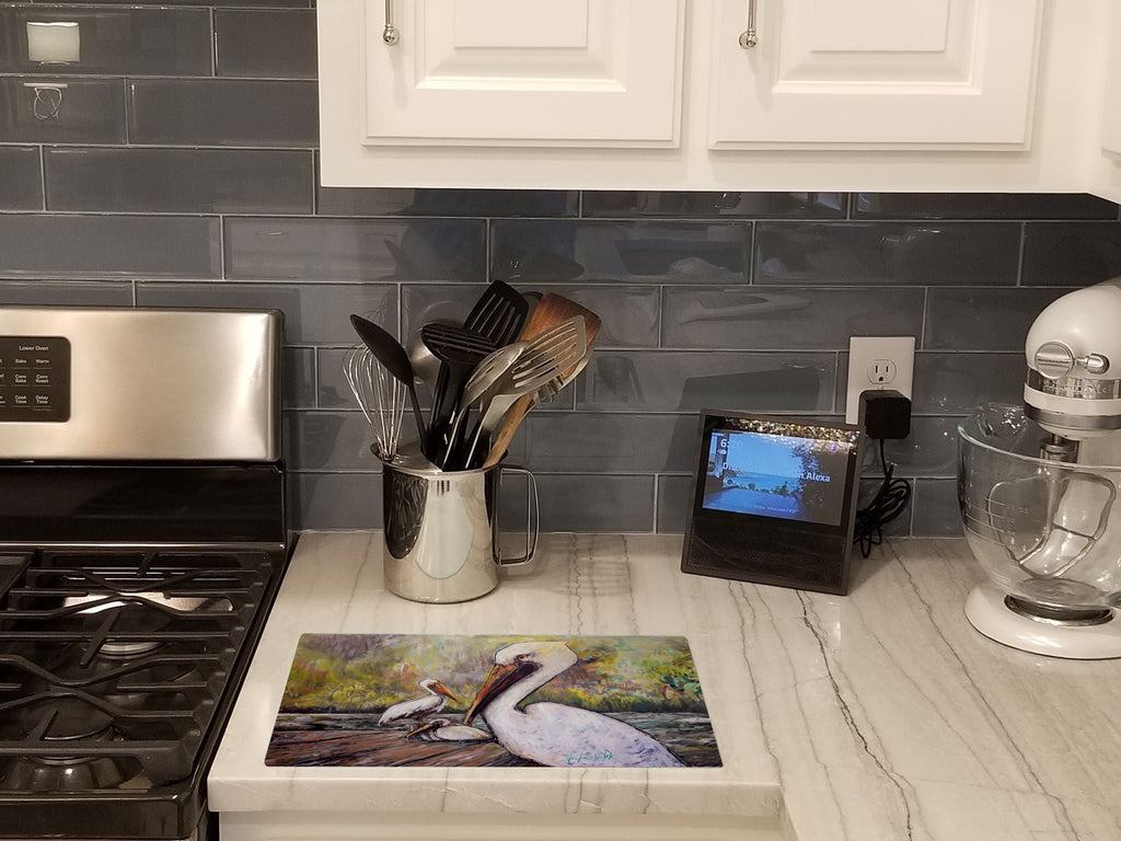 Three Pelicans on a Pier Cutting Board Tempered Glass Kitchen Cutting Surface, Heat Resistant Chopping, Non-Slip Feet, Food Prep & Serving