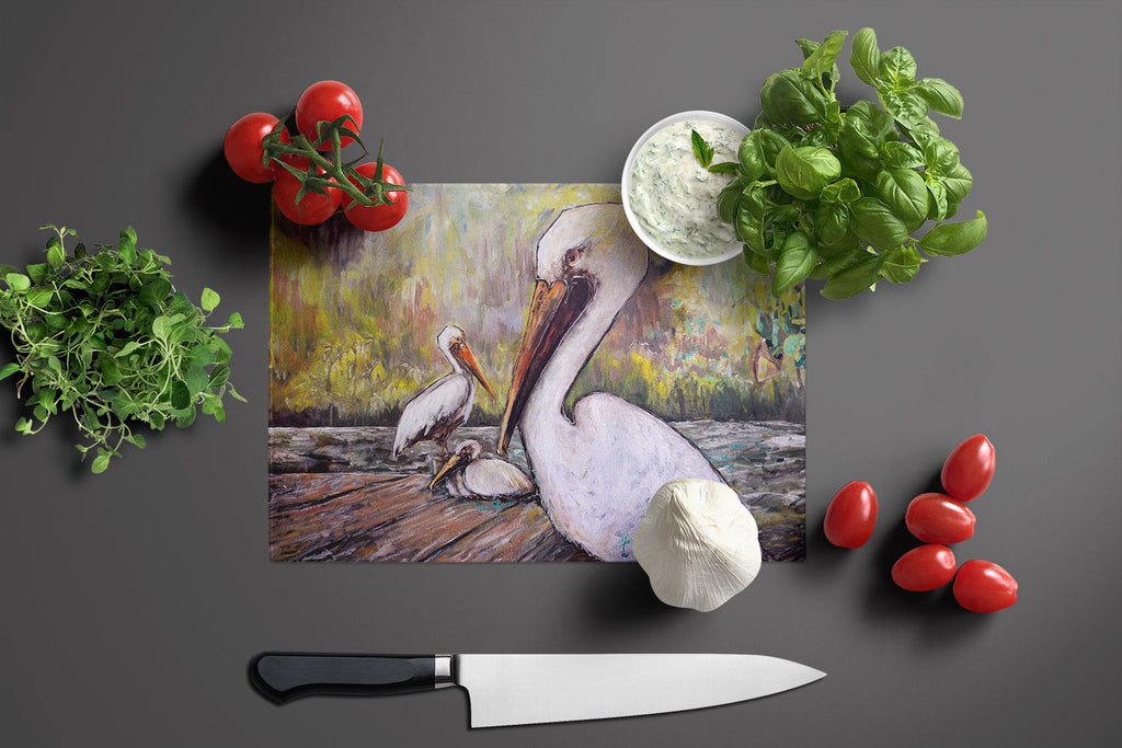 Three Pelicans on a Pier Cutting Board Tempered Glass Kitchen Cutting Surface, Heat Resistant Chopping, Non-Slip Feet, Food Prep & Serving